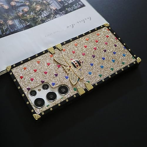 Miniatura 6 de Compatible con Samsung Galaxy S22 Ultra 5G, borde cuadrado, tronco lindo de abeja con purpurina para mujer, funda rectangular de lujo para teléfono,