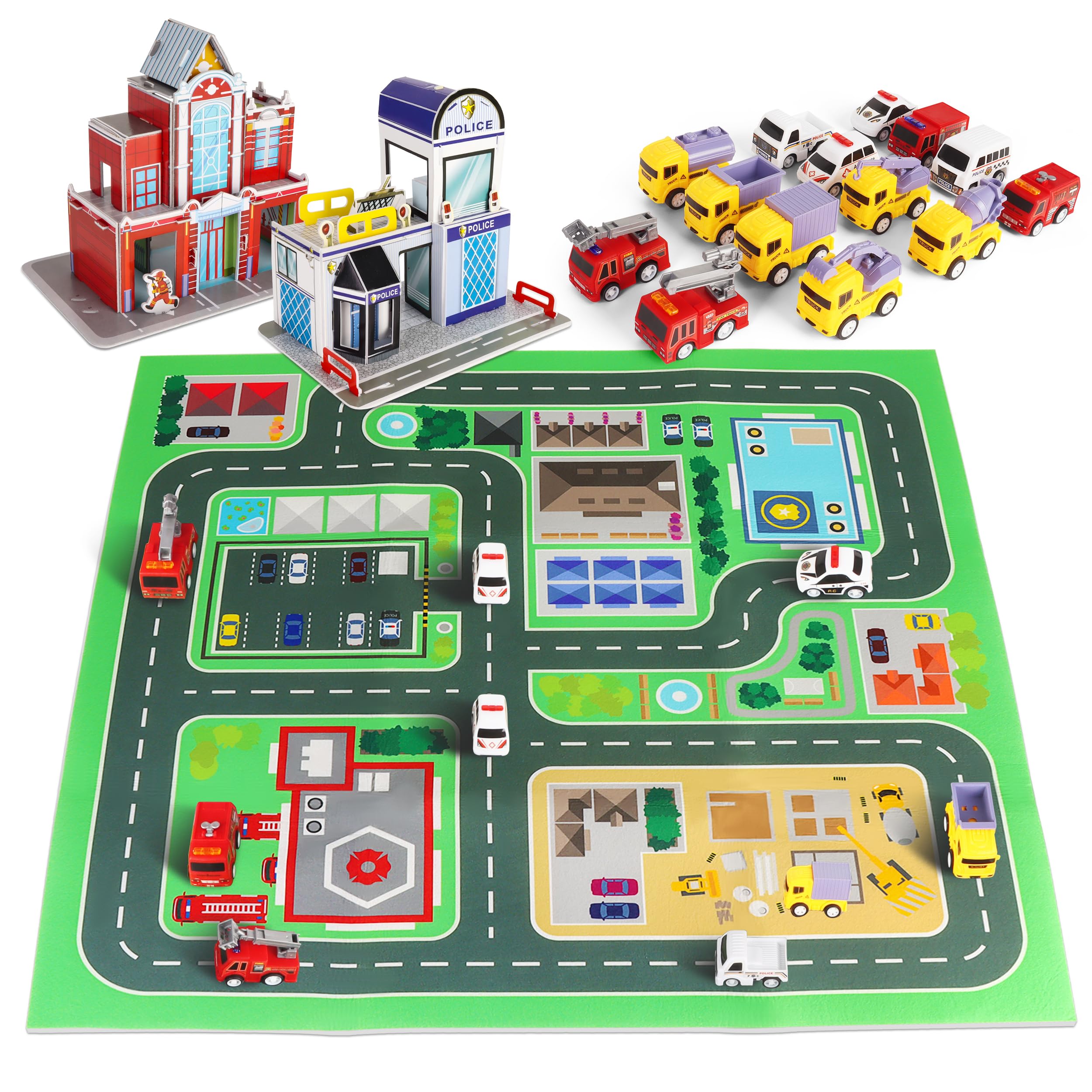 14-Piece Toy Car Playset with Play Mat & 3D Fire Station/Police Station Puzzles, Educational City Rescue Pretend Play for Kids Ages 3-5, Montessori Learning Gift Toy for Toddler Boys Girls