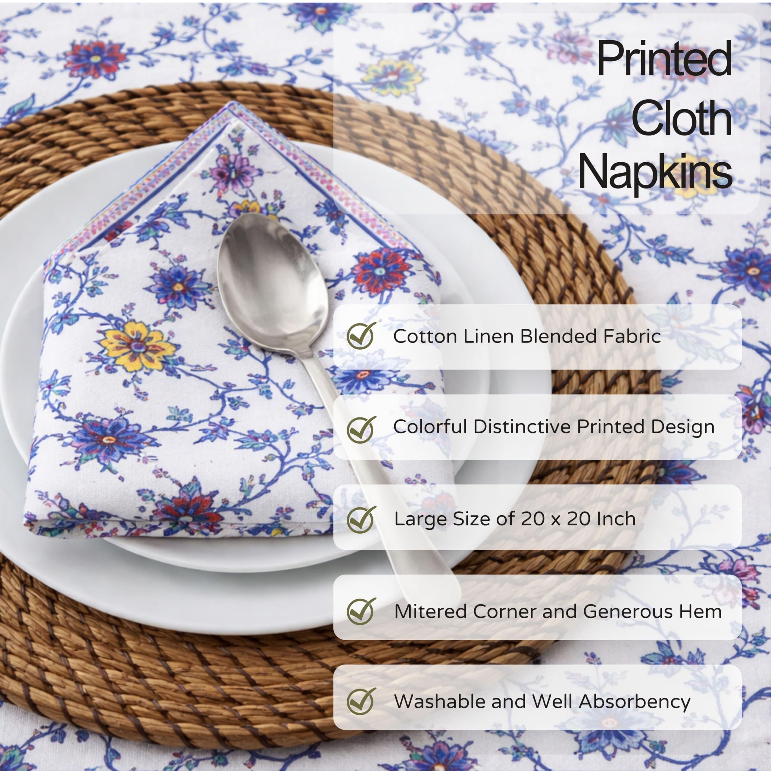 Lot de 12 serviettes de table imprimées FINGERCRAFT en coton et lin avec coins à onglets, lavables et réutilisables, 50,8 x 50,8 cm, bleu prairie