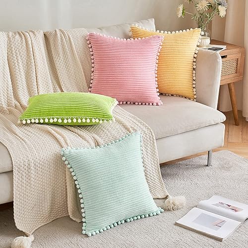 Miniatura 7 de Paquete de 2 fundas de almohada decorativas de pana de 18 x 18 pulgadas, color verde lima, estilo bohemio, primaveral, con pompones, bonitas y