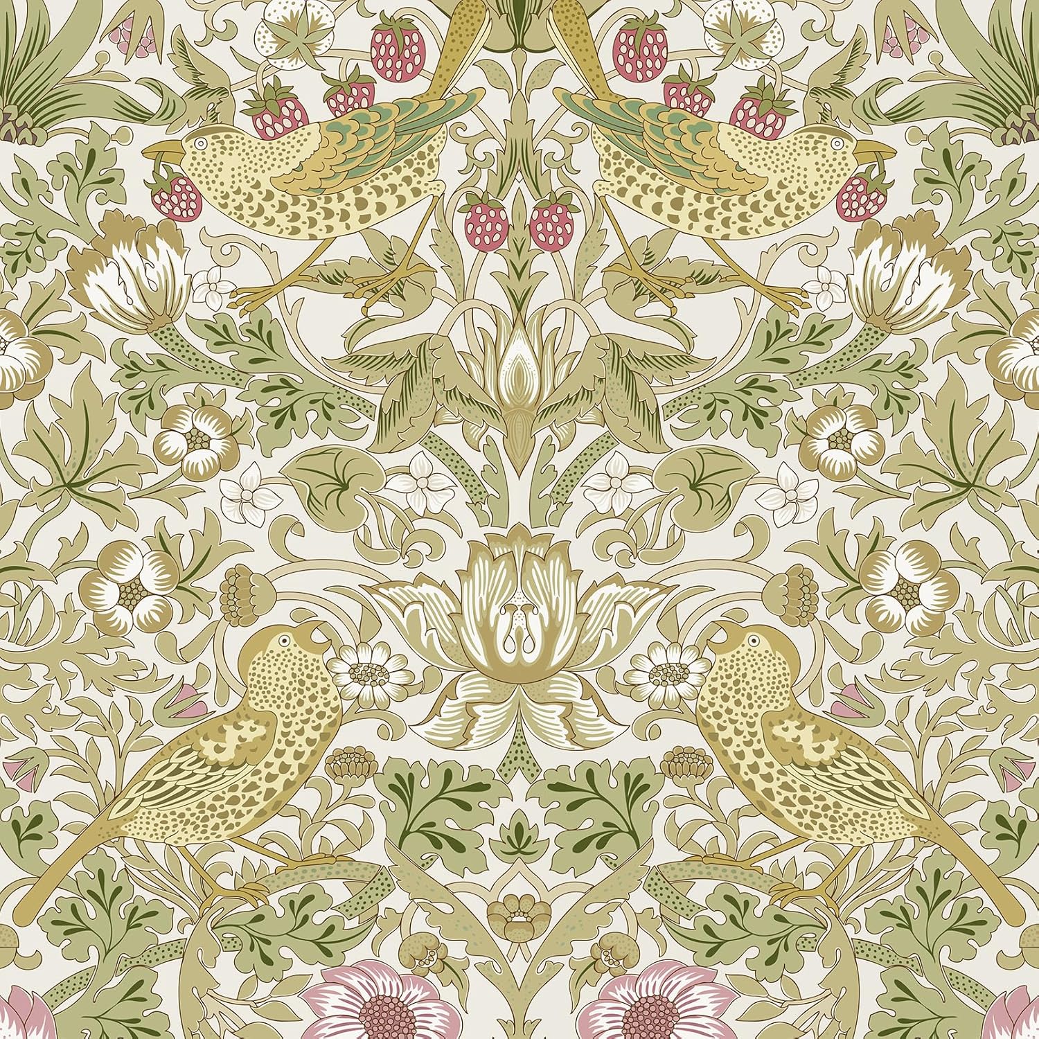 Simon&Siff William Morris Peel and Stick Wallpaper 17.3 x 480in Vintage Floral Birds Strawberry Wall Paper Self Adhesive Removable Botanical Waterproof Contact Paper for Bedroom Kitchen Cabinets