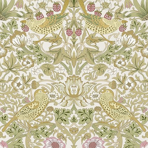 William Morris - Papel tapiz vintage para despegar y pegar, 17.7 x 118 pulgadas, diseño botánico de fresa/pájaro, autoadhesivo, extraíble,