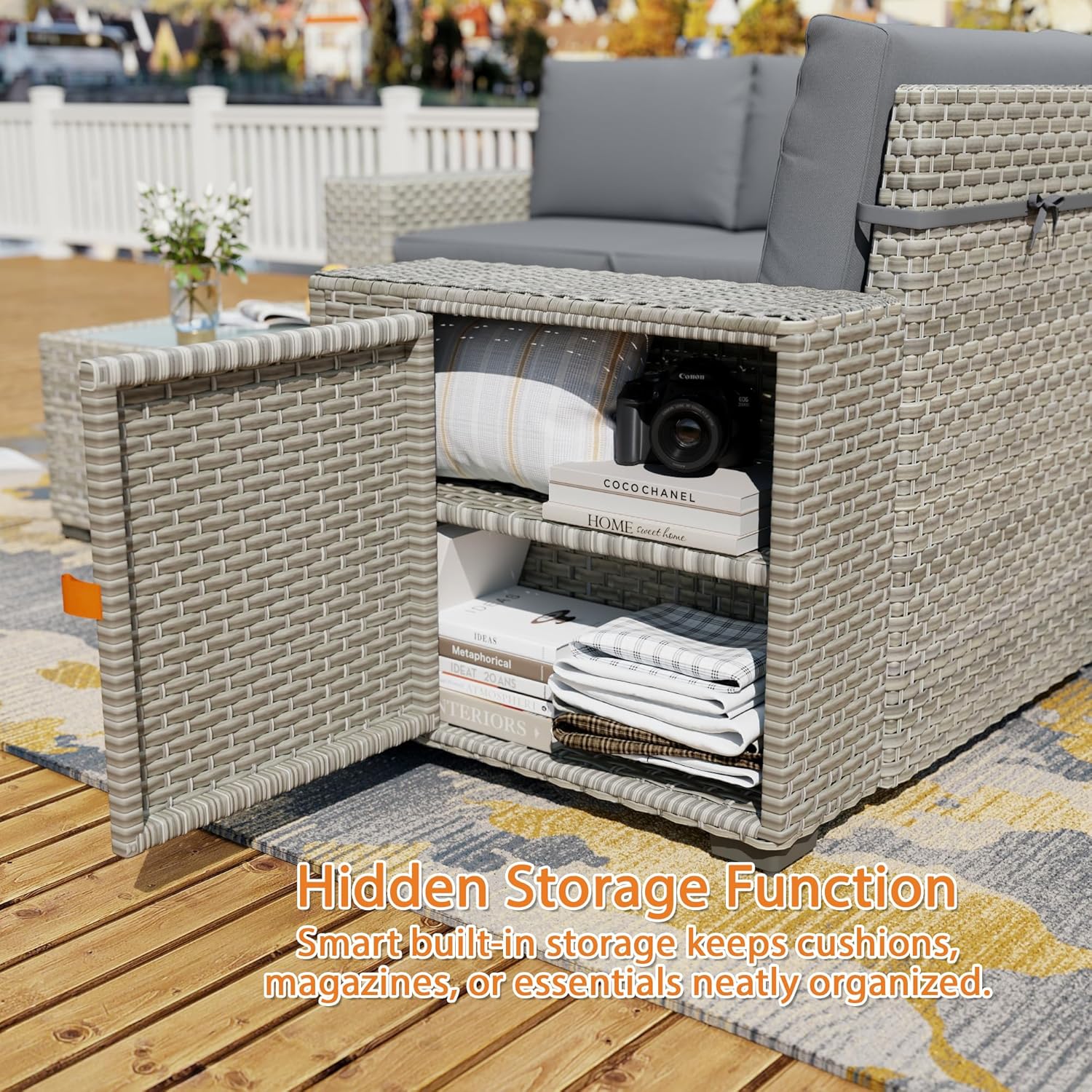 6 Piece Patio Furniture Set, 8" Wide Arm Sectional Sofa Set with Coffee Table, High-Back All-Weather Rattan Outdoor Conversation Set for Garden, Porch, Lawn, Gray