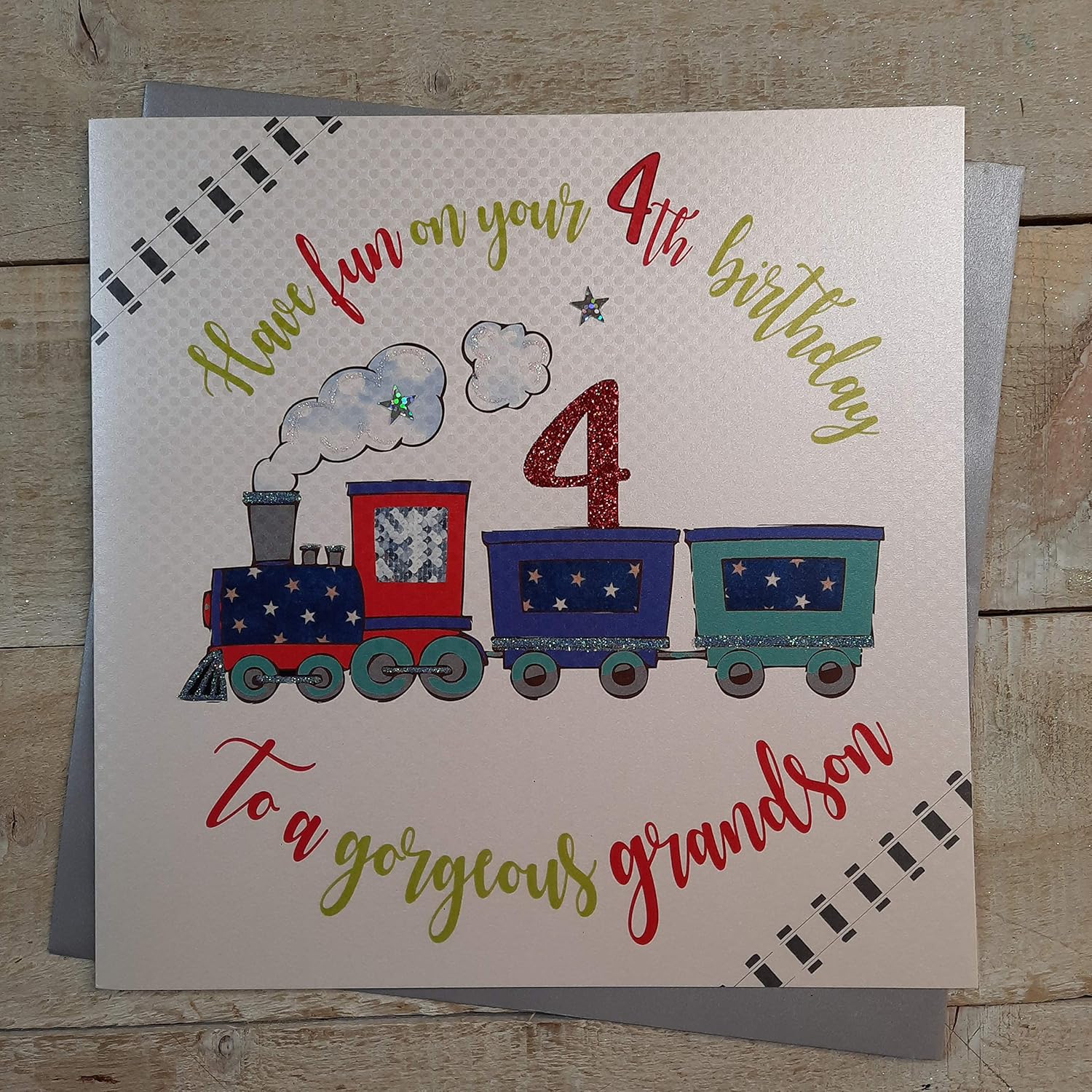 white cotton cards XR41-4gs Large "Have Fun on Your 4th Birthday to a Gorgeous Grandson" Handmade Card