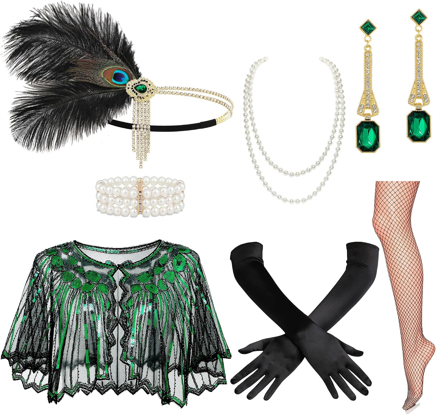BABEYOND Roaring 20s Flapper Costume Accessories Set, Great Gatsby Party Outfit, Feather Headpiece for Women
