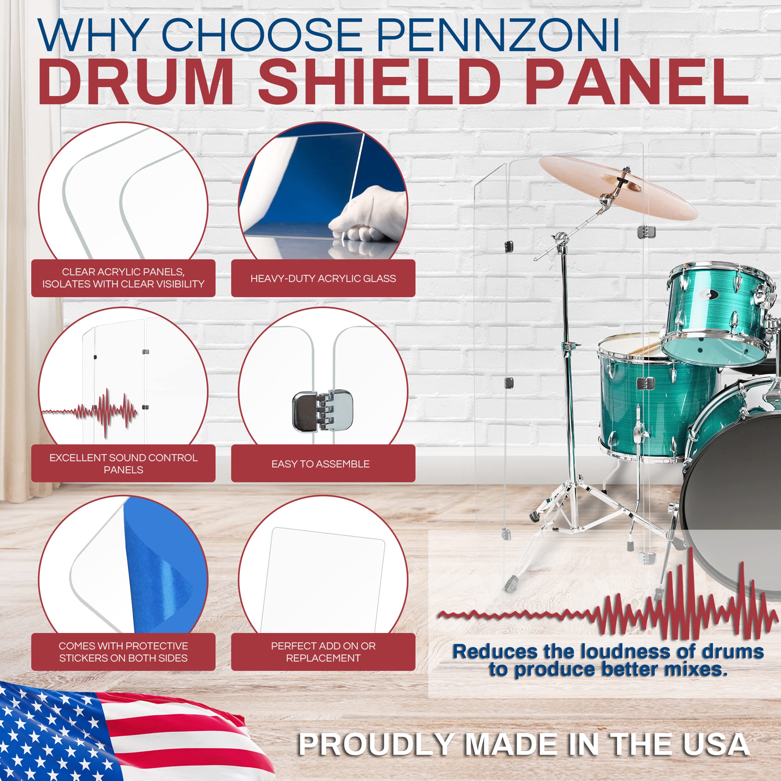 PENNZONI Drum Shield 5.5ft Single Panel w/Deflectors & Bright Chrome Hinges, Premium Clear Acrylic Panel, Drum Screen