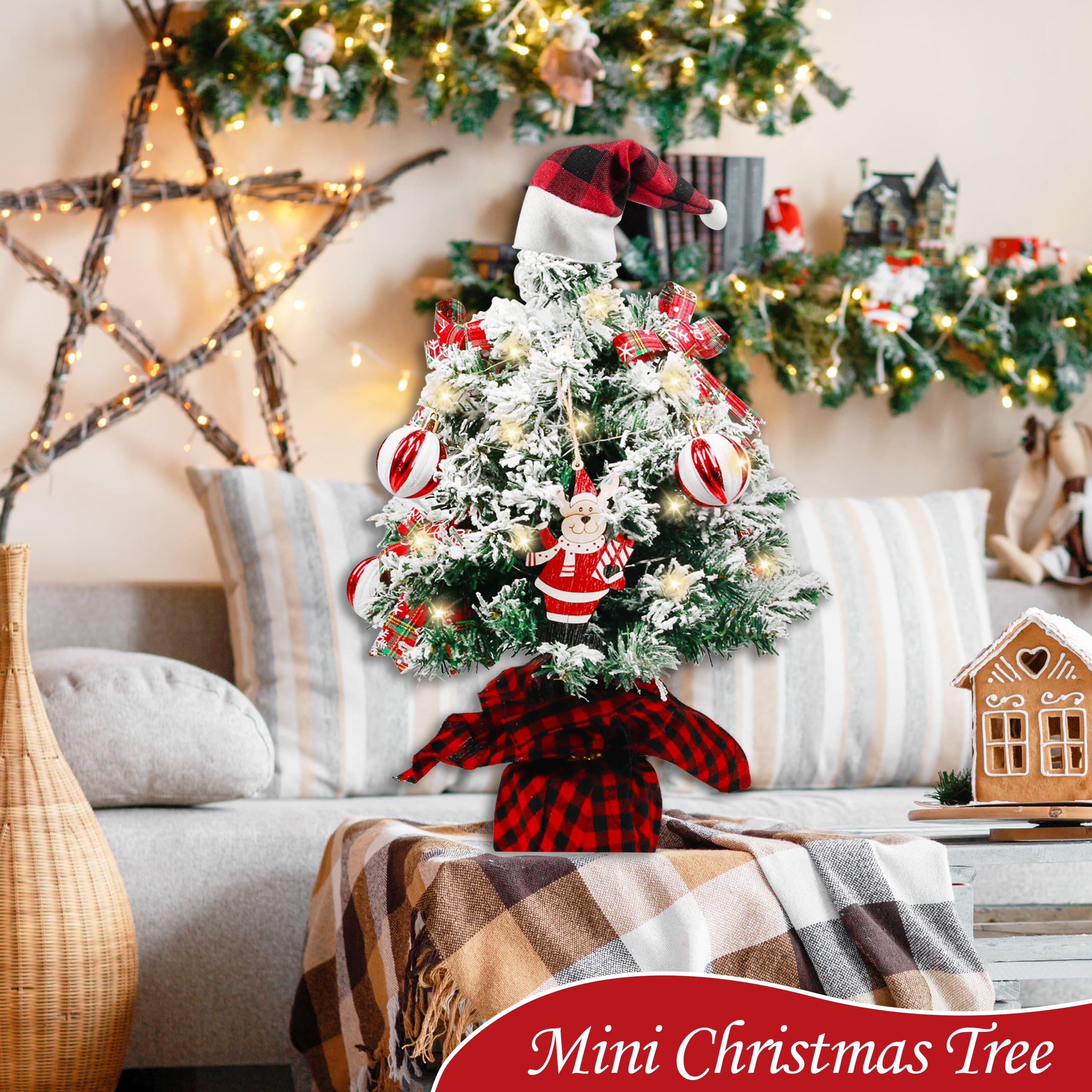 Sunnyglade Mini árbol de Navidad, árbol de Navidad artificial iluminado de mesa de 24 pulgadas con caja de música, etiqueta de reno y bola decorativa, árbol pequeño con LED para decoración de fiestas