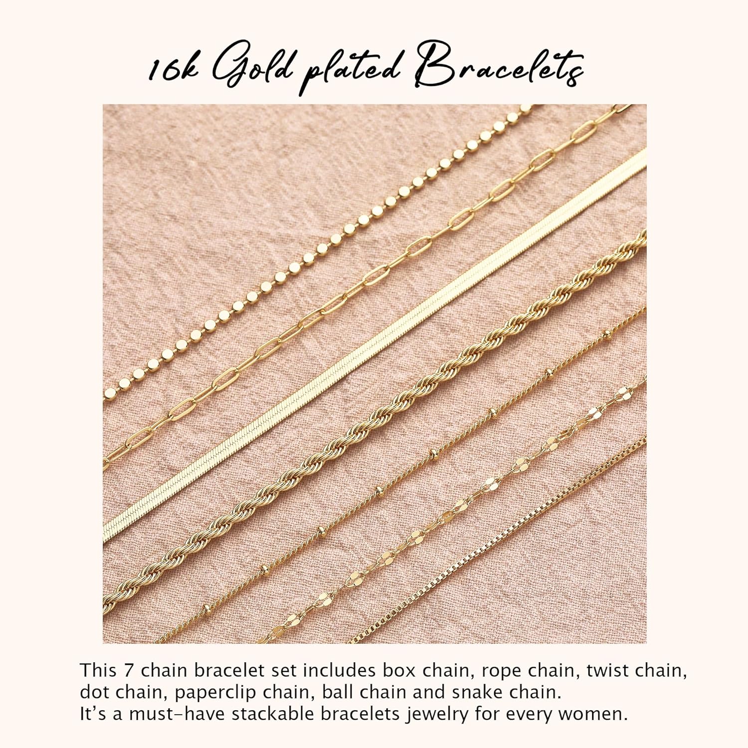 UBGICIG 6/7Pcs 16K Gold Plated Bracelets for Women Trendy, S925 Silver Plated Bracelet Stack, Non Tarnish Waterproof Bracelets for Women, Paperclip Herringbone Figaro Cuban Twist Chains, 6.5"+2" - Image 2