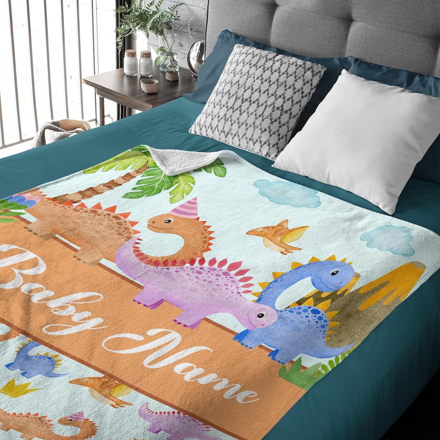 Custom Baby Name Dinosaur Fleece Flannel Gift Blanket Lightweight Soft Throw Blanket Cute Cozy Blanket for Bed Couch Travel Outdoor 40''x 50'' for Kids/Child