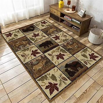 Rustic Lodge Cabin Bear Area Rug,5x7ft,Natural Plant Maple Leaf Deer Print Rugs,Cabin Style Living Dining Room Area Rug, for Bedroom Kitchen Modern Non-Slip Washable Home Decorate