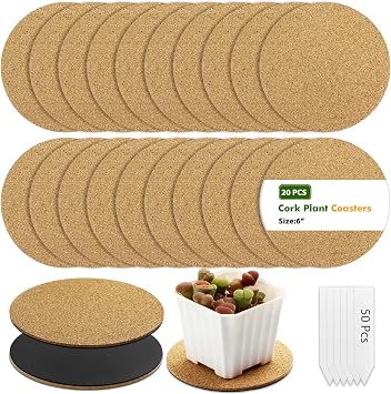 20 Pack Cork Plant Coasters 6 Inch Cork Plant Saucer for Indoors, Bulk Corkwood Coasters Set, Round Corkwood Placemats, Plant Floor Protector, Plants Base Coaster for Potted Plants, Drink, Dishes