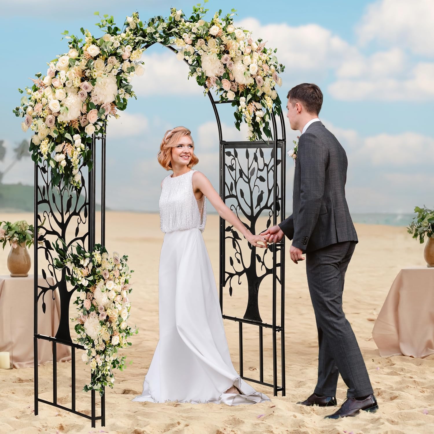Plow & Hearth Metal Garden Arch Trellis Arbor Tree of Life Panels, 7 feet Freestanding Outdoor Arch Trellis for Climbing Plants, Pathway Entry and Wedding Garden Decor