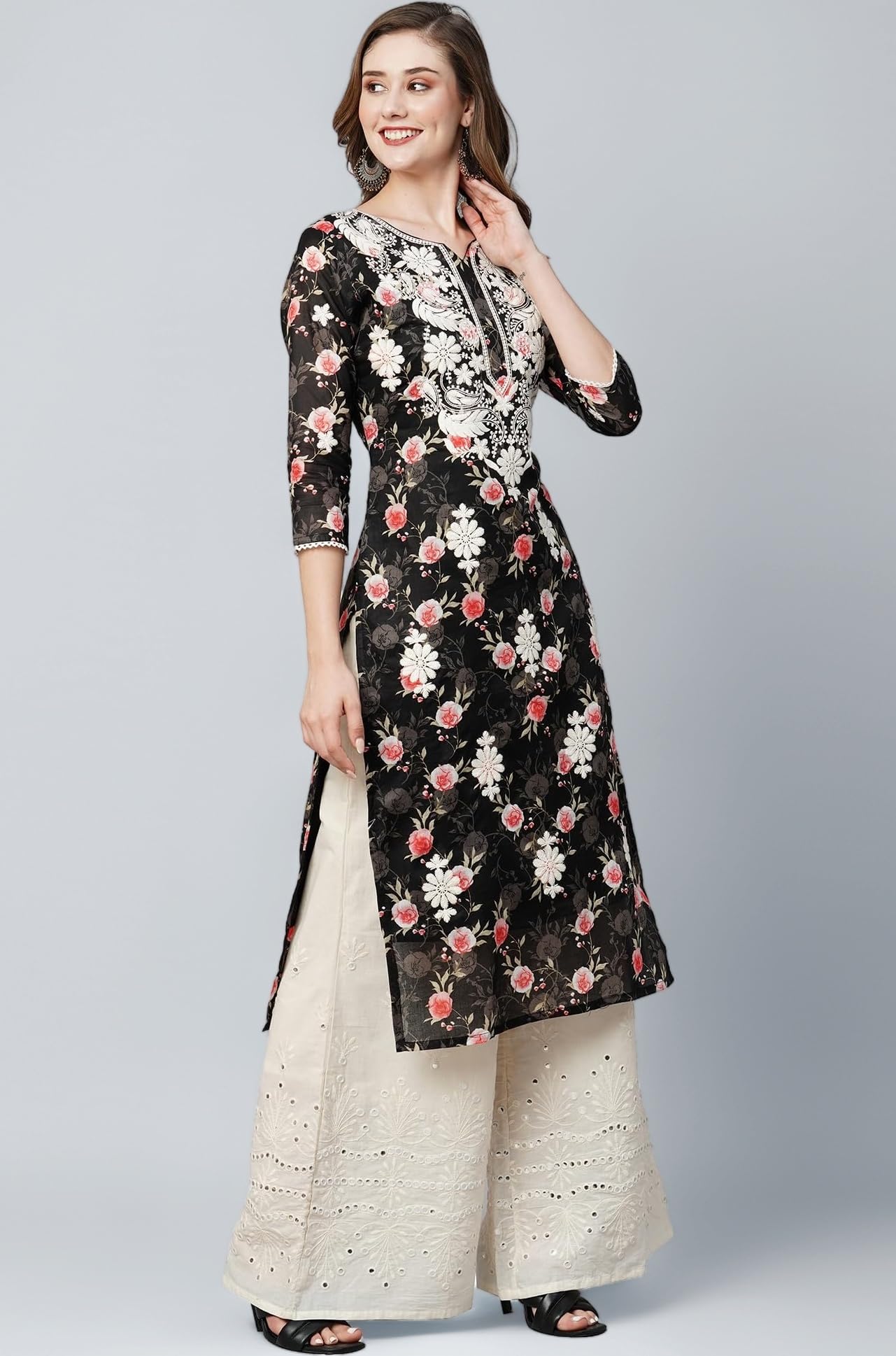 Women's Mulmul Cotton Printed Straight Lucknowi Chikankari Ethinic Wear Kurta