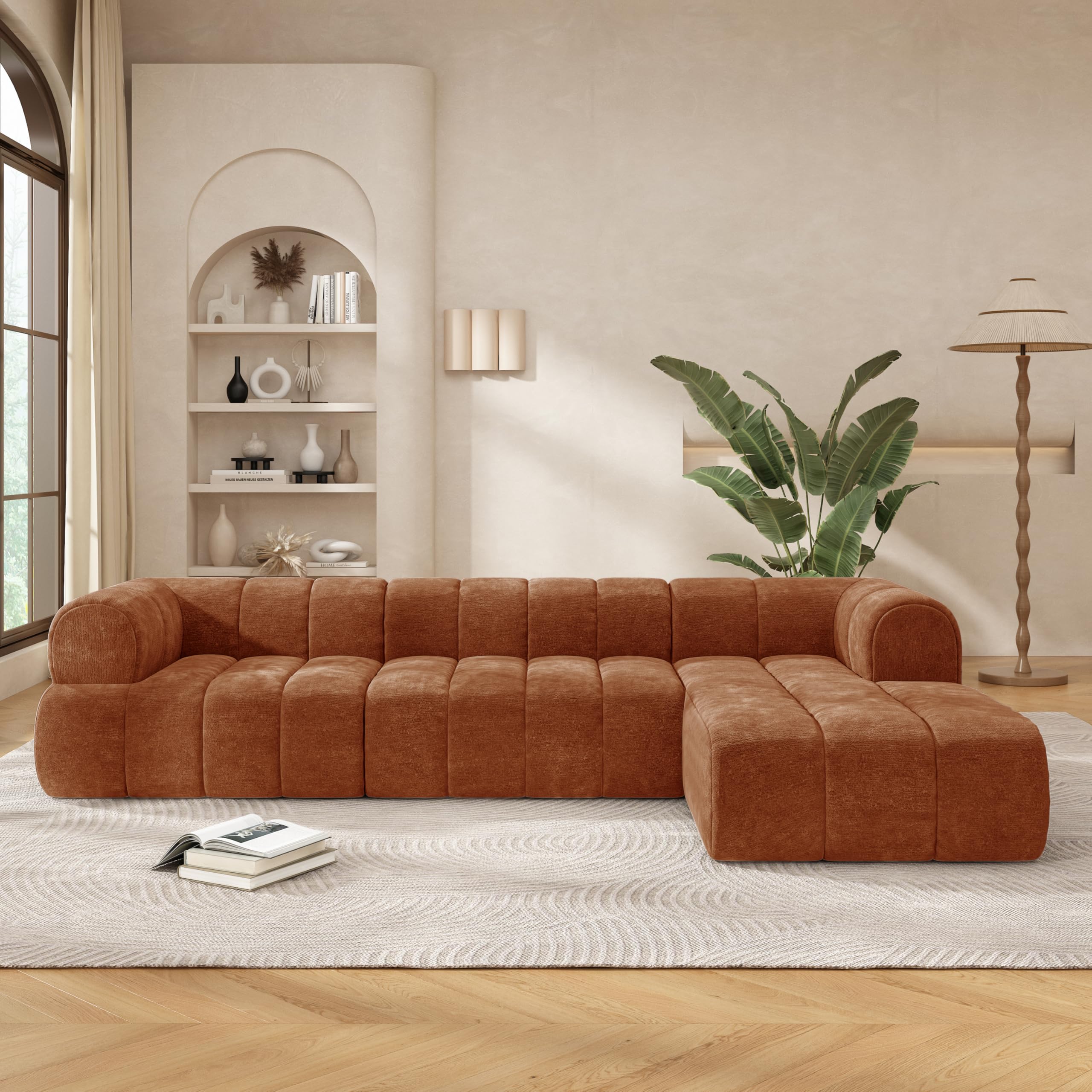 122" Modern L-Shaped Sectional Sofa with High-Density Fully Compressed Sponge and Chaise Lounge,2-Piece Set,Fully Assembled Right Hand Facing, Perfect for Living Room,Lounge (Orange_94)