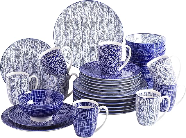 vancasso Takaki Porcelain Dinner Set for 8, Japanese Style Crockery Blue Dinnerware Tableware , 32 Pieces Dinner Service with Dinner Plates, Dessert Plates, Cereal Bowls and Mug