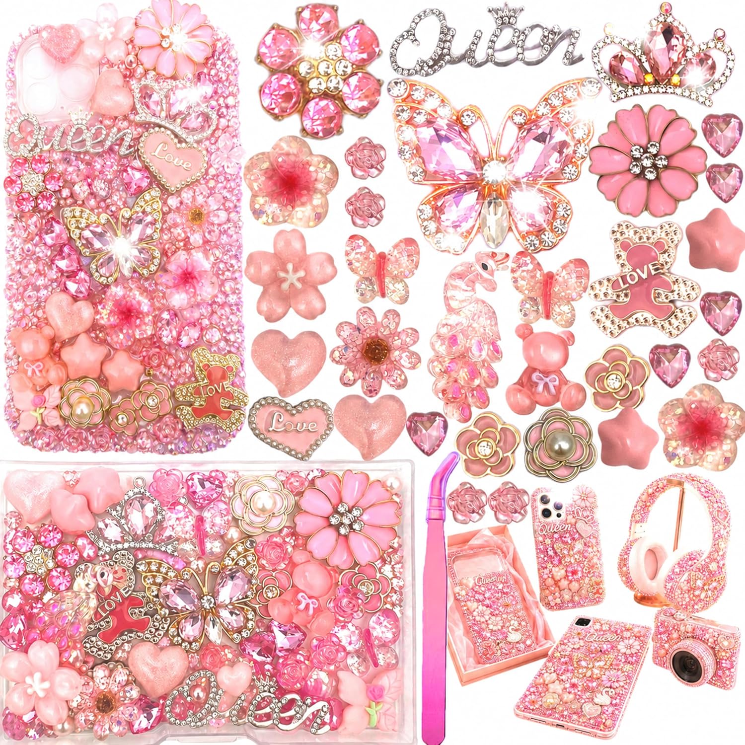 Junk Case Large Charm Kit, Cute Pink Phone Case Charms with Large Rhinestone Butterfly, Camellia, Pink Alloy Rhinestone Crown, PinkK Flower&Glitter Butterfly for DIY Girls & Social Media Crafting