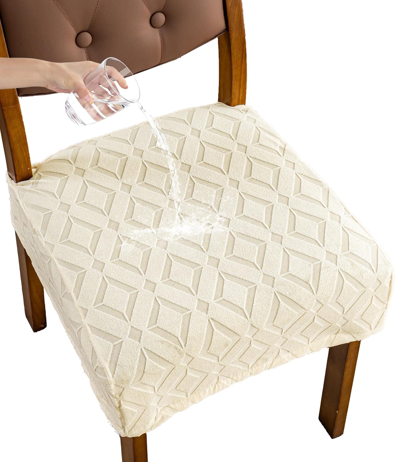 Genina Waterproof Chair Covers Set of 6, Stretch Dining Chair Slipcovers, Removable Washable Kitchen Chair Seat Covers, Jacquard Dining Room Chair Protector，Beige-6PCS