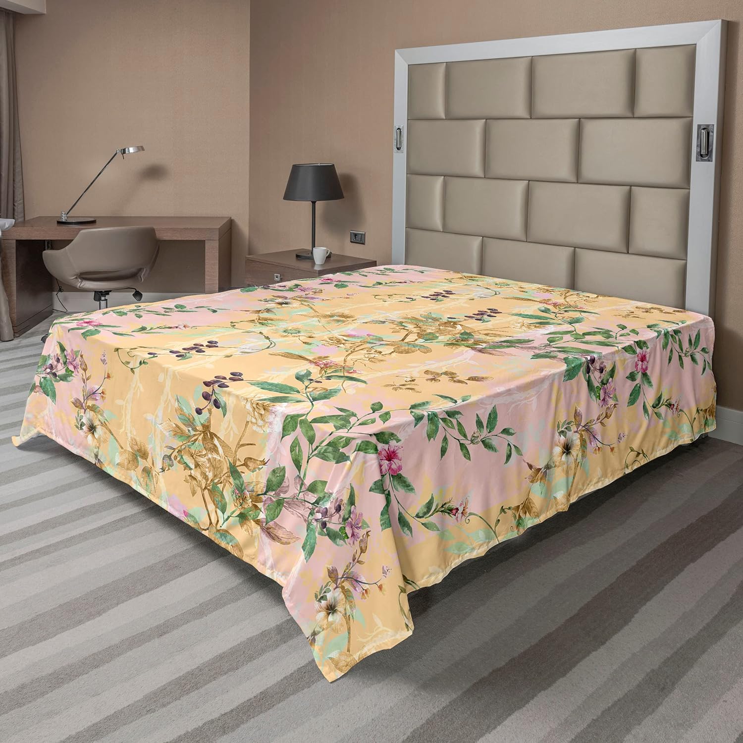 Ambesonne Spring Flat Sheet, Bold Peachy Petals with Blurry Shadows on Nature Inspired Backdrop, Soft Comfortable Top Sheet Decorative Bedding 1 Piece, Queen Size, Pale Rose and Fern Green