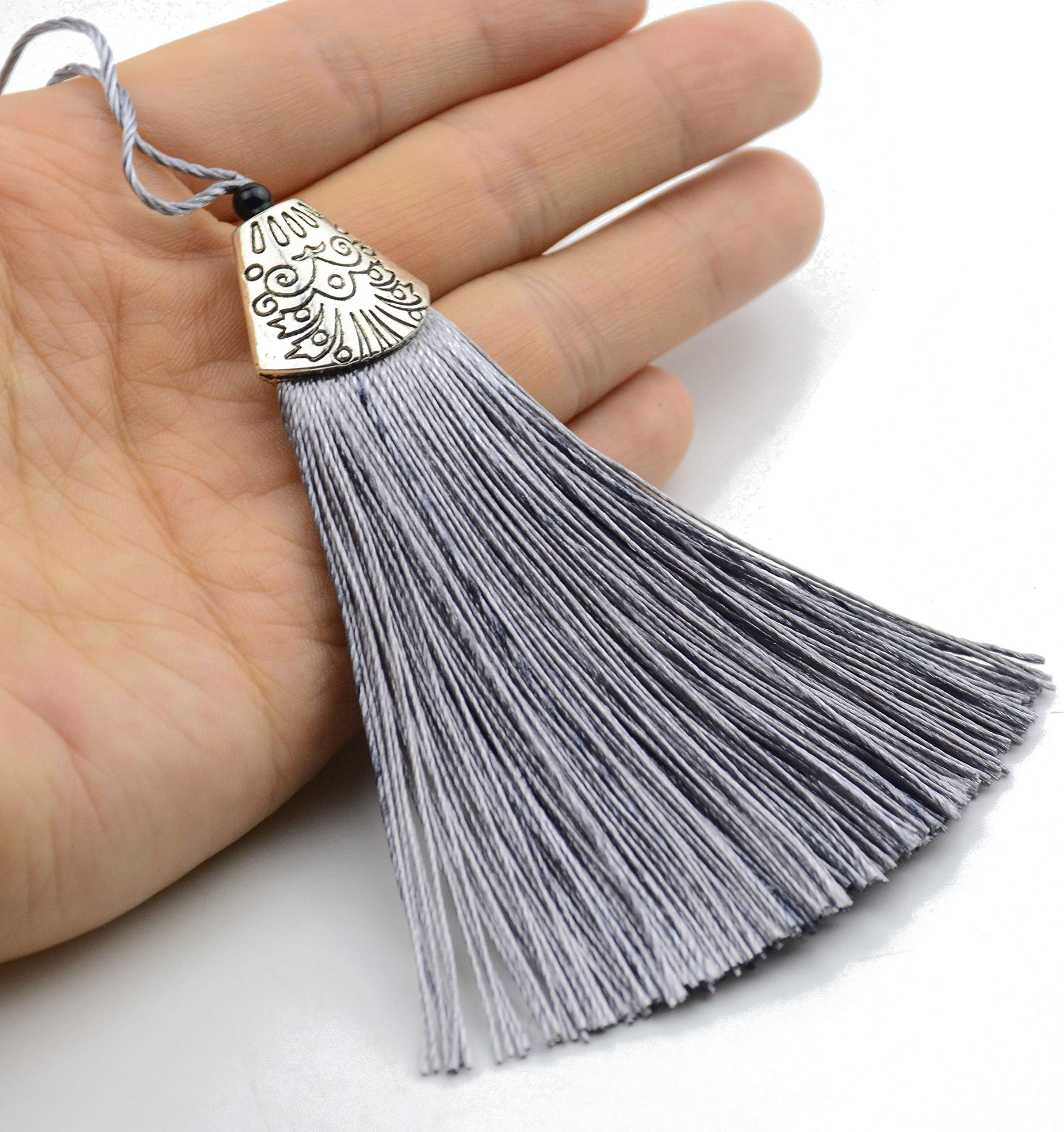 22 pcs 100% Handmade Silky Straight (2.5'') Soft Fiber Tassels with 0.7'' Antique Silver Cap Jewelry Making Charm Pendant (Grey)