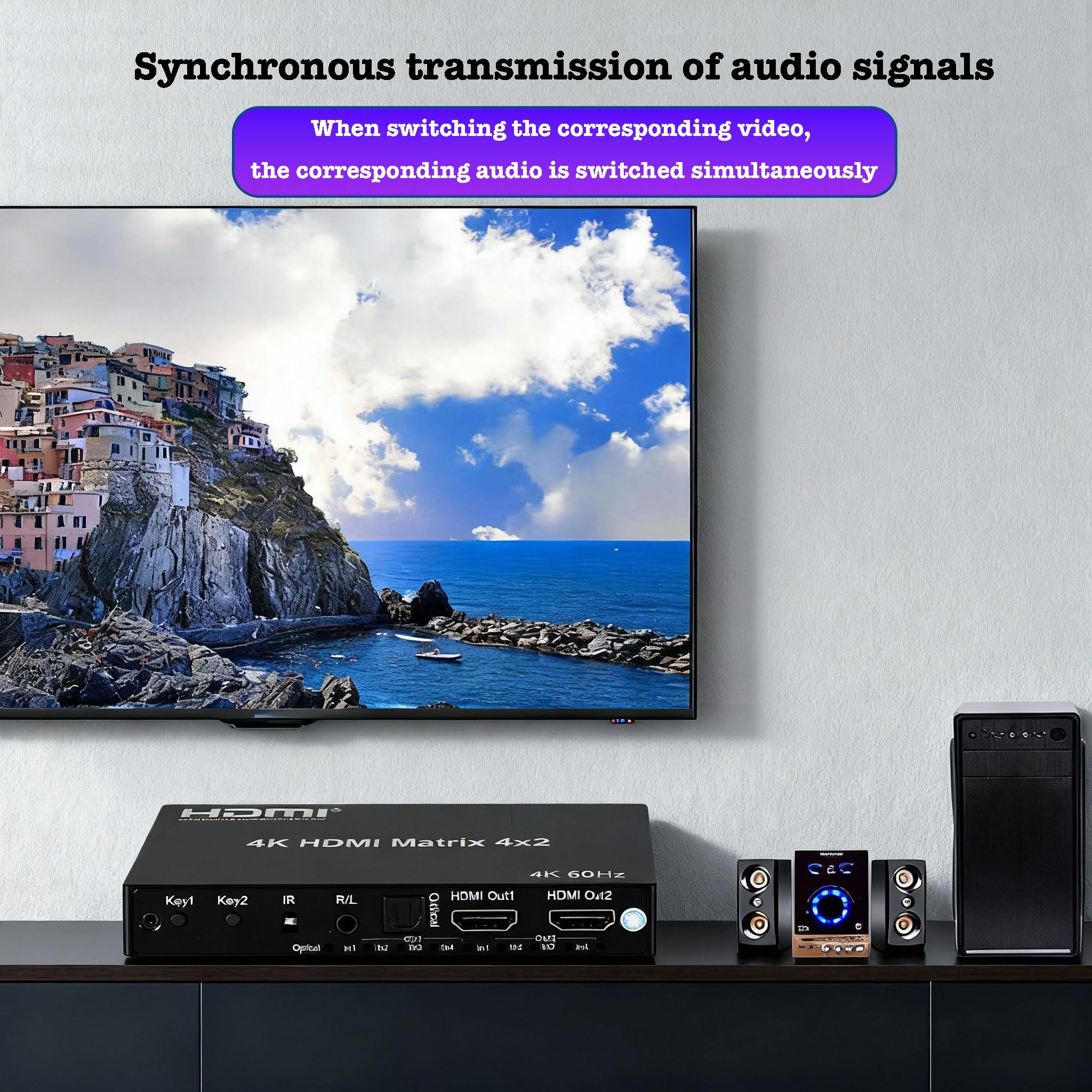 Interruptor de matriz HDMI 4K 2x4 con extractor de audio estéreo de 3,5 mm y salida óptica de audio, conmutador y divisor de video de 2 en 4 salidas, compatible con HDMI 2.0 4K a 60Hz