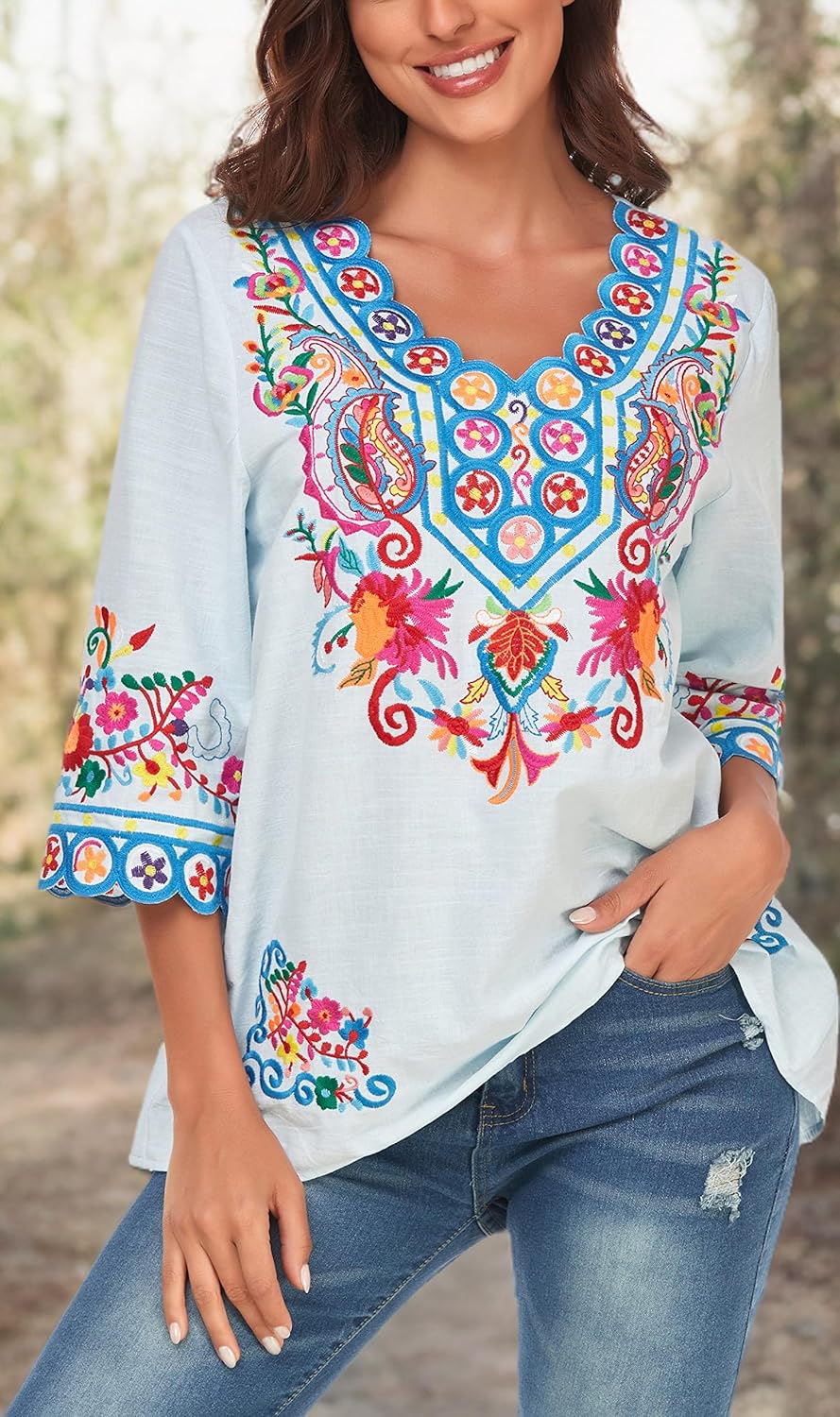 YZXDORWJ Women's Summer Boho Embroidery Mexican Bohemian Tops Shirt Tunic V Neck Blouses - Image 8
