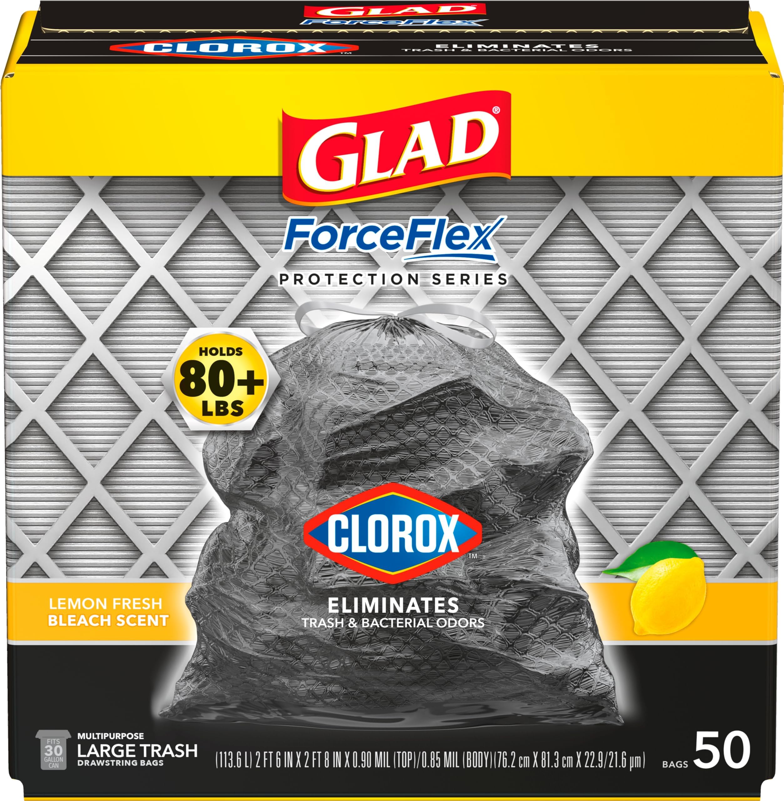 Large 30 Gallon Trash Bags, Lemon Fresh Bleach Heavy Duty Garbage Bags, Forceflex with Drawstring, 50 Count (Packaging May Vary)