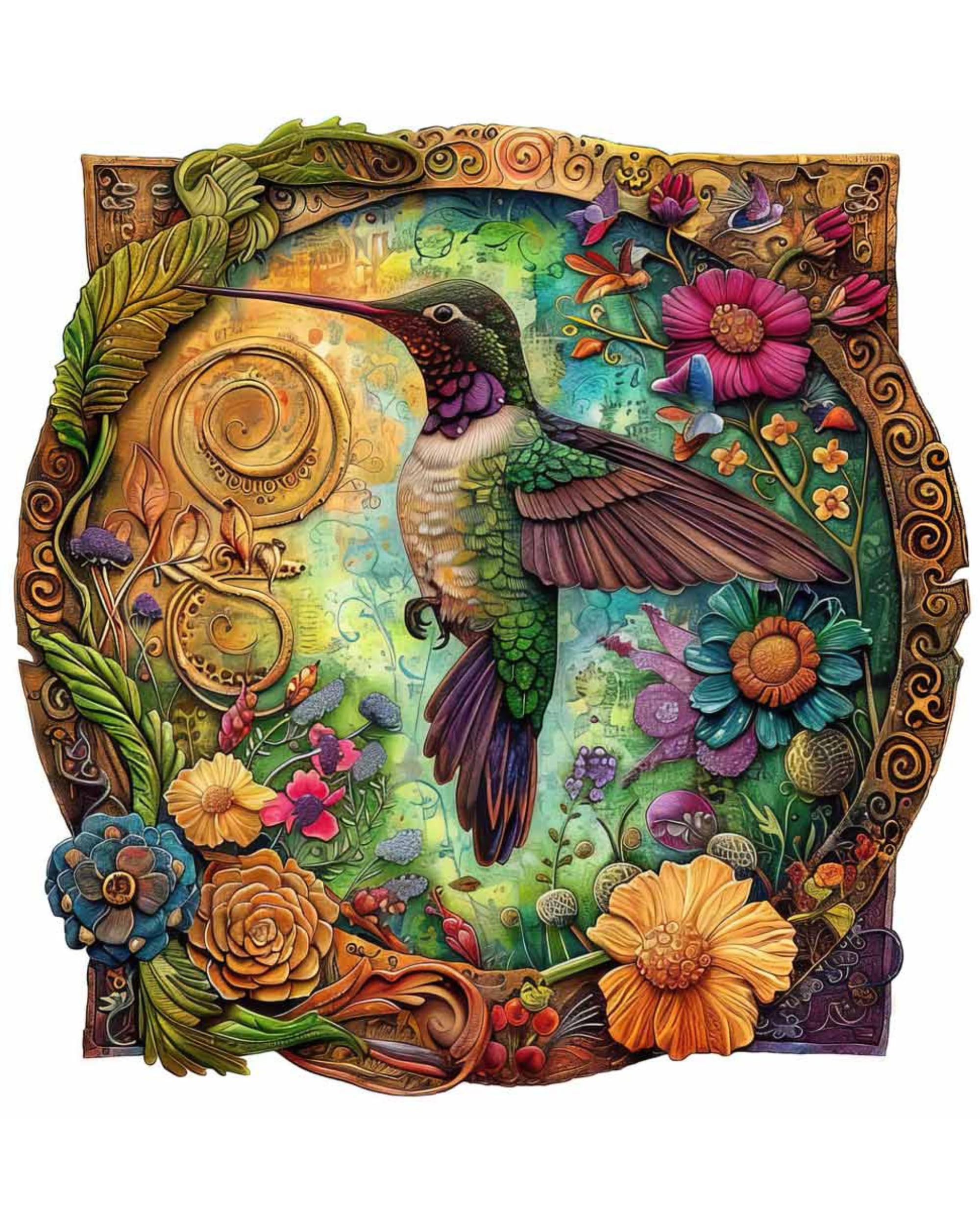 Crafthub Animal Wooden Puzzles for Adults  A3 Vibrant Blossom Hummingbird with 127 Pieces Wood Puzzles  Jigsaw Puzzles with Unique Animal Shapes  10.7" x 10.9"