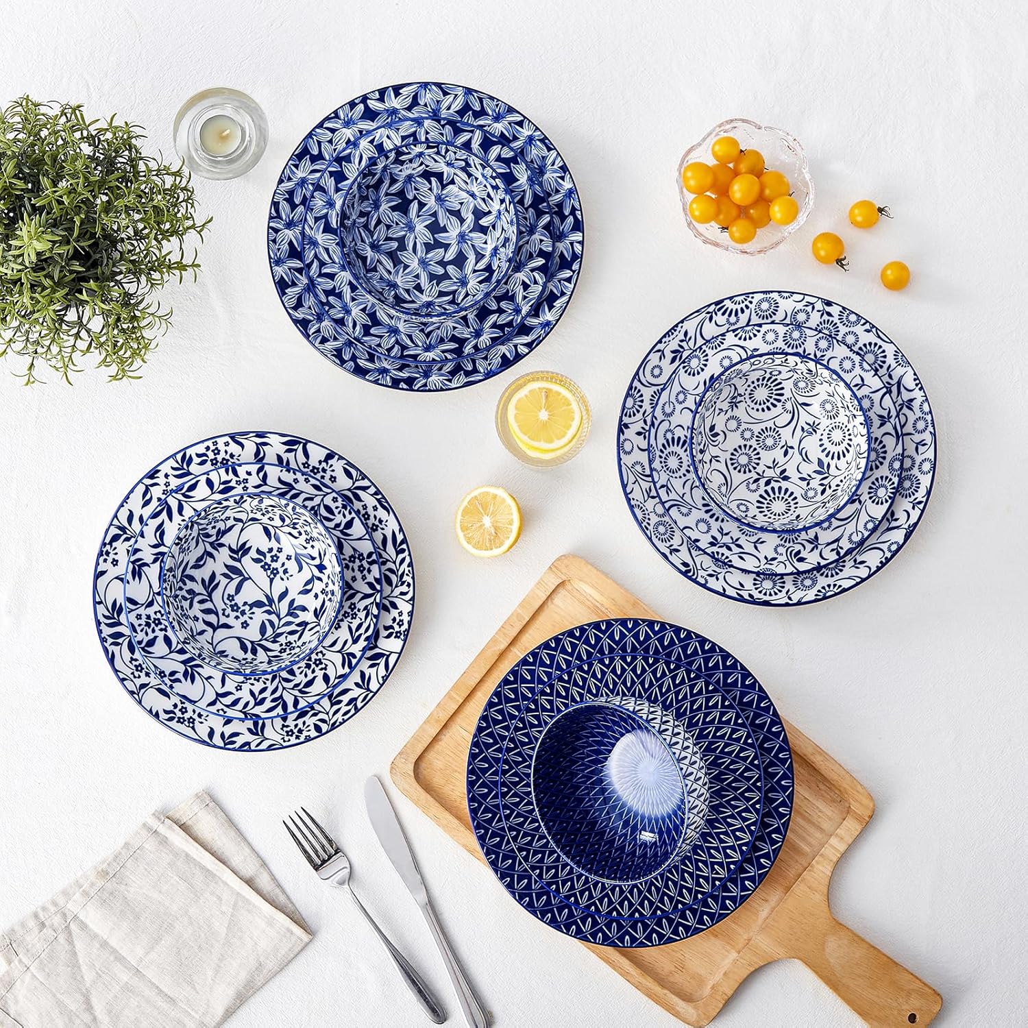 vancasso SELENE Plates and Bowls Set for 4, 12 Pieces Dinnerware Sets, Mircowave and Dishwasher Safe Dishes Set, Porcelain Blue Dinnerware