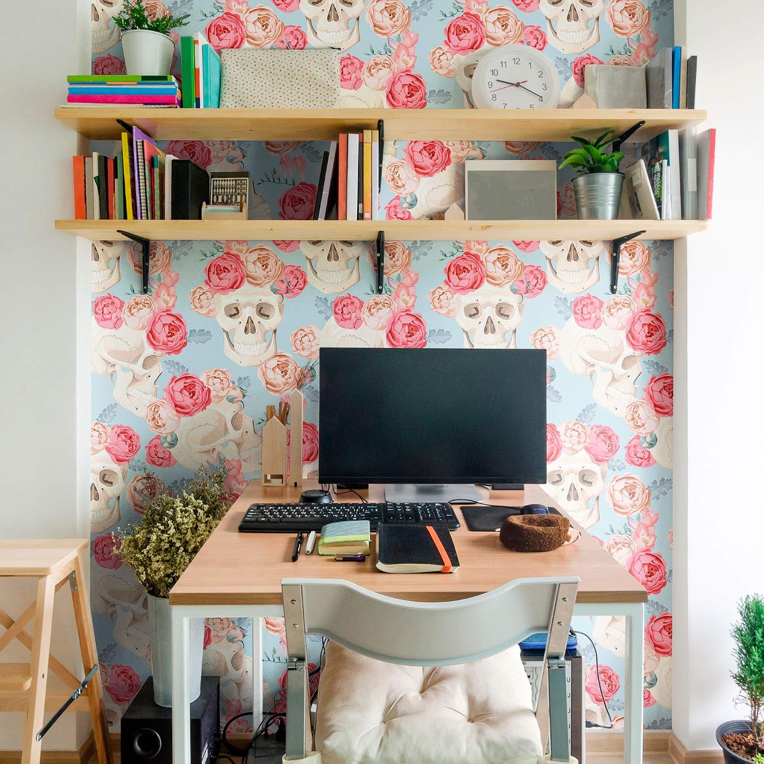 Walls By Me Peel and Stick Blue and Red Skulls Themed Removable Wallpaper 7608-2ft x 10.5ft (61x320cm)