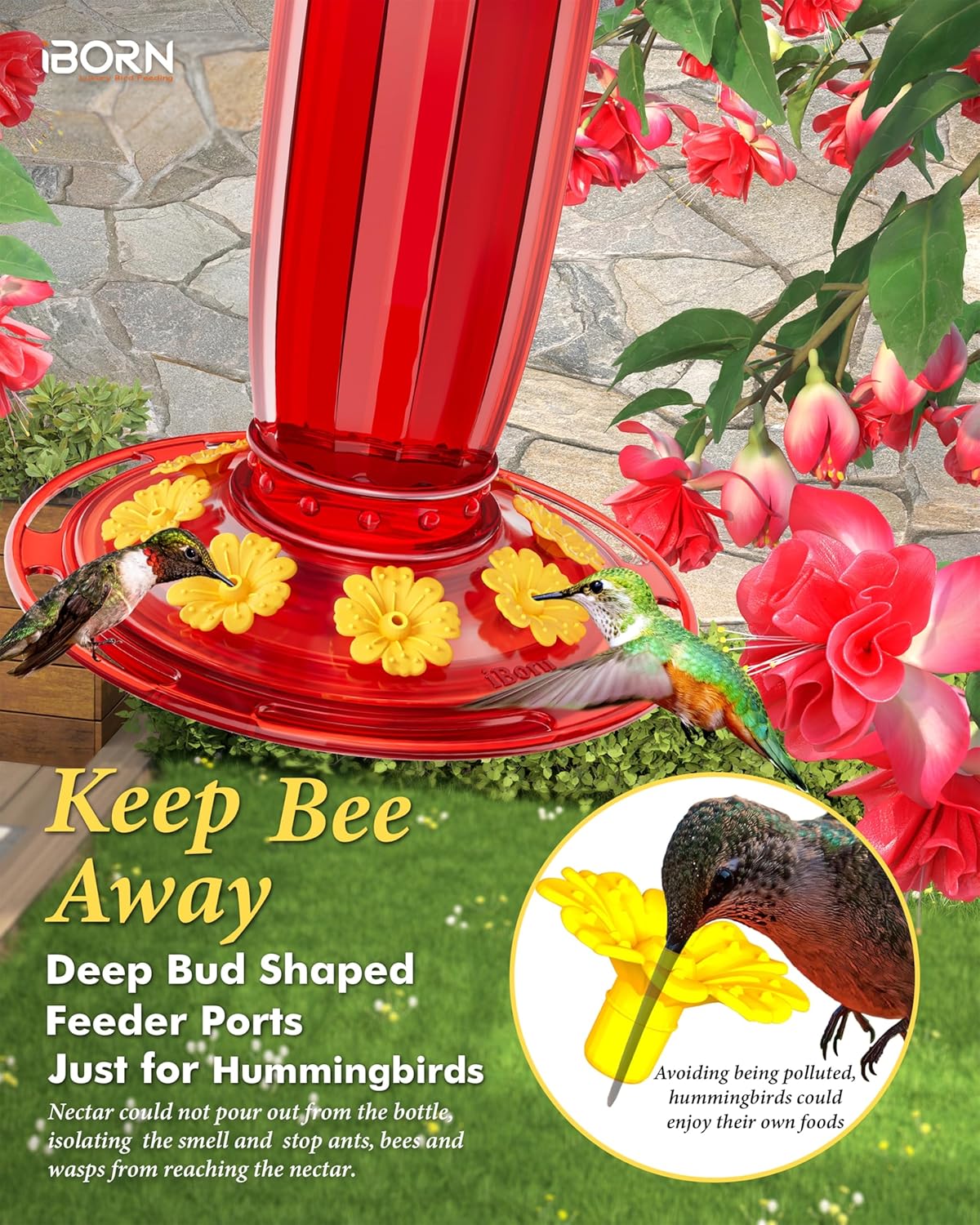 iBorn Hummingbird Feeders for Outdoors Hanging with Ant Moat for Hummingbird Feeder Glass 8 Ports for 16oz Hummingbird Nectar,Yellow Flowers Red Glass, Pack of 2