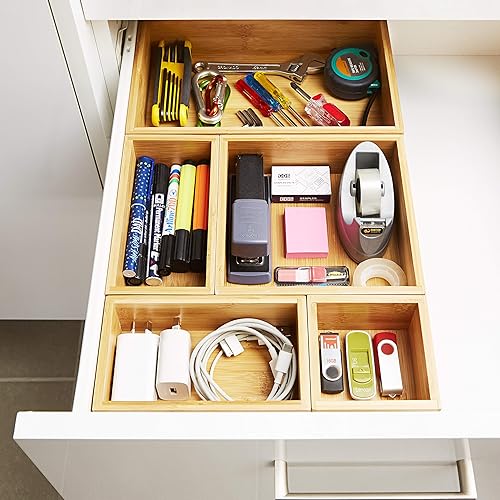 Miniatura 3 de Organizador de cajones de bambú y juego de almacenamiento, juego de 5 bandejas de almacenamiento, cajas de madera de varios tamaños para escritorio