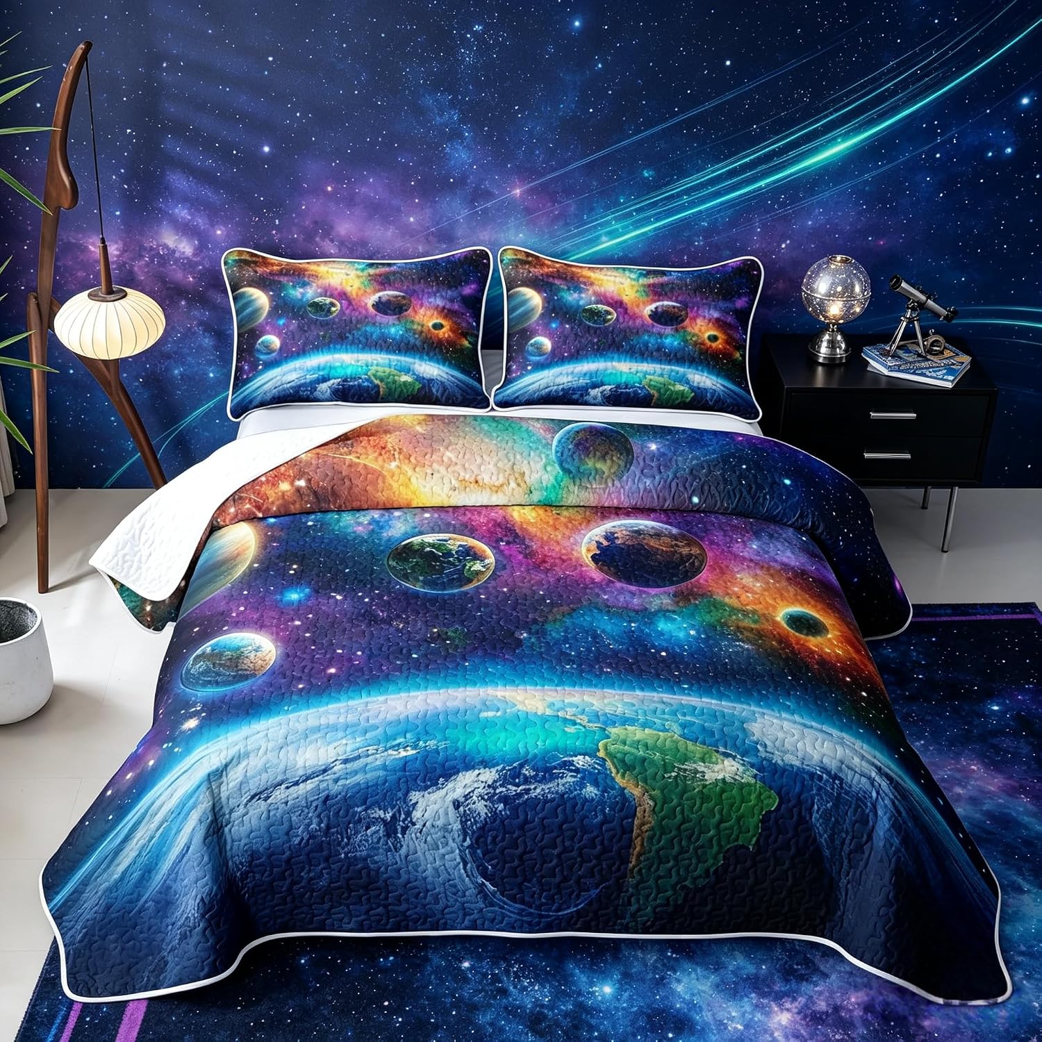 Feelyou Universe Galaxy Quilt Sets Twin Size Planets Earth Kids Boys Girls Quilts with 1 Pillowcase Soft Solar System Bedspread Coverlet Set Outer Space Lightweight Bedding Nebula