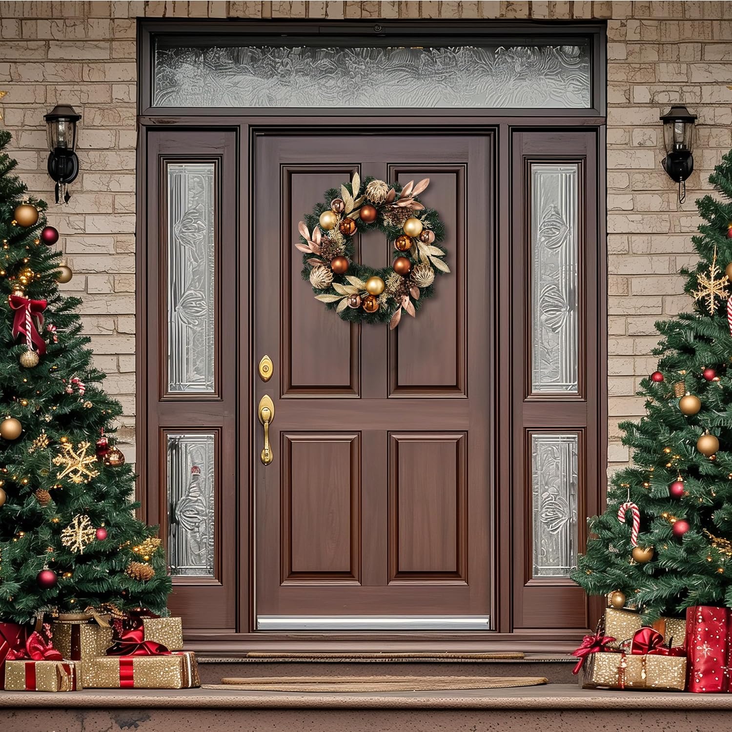 Valery Madelyn 20'' Pre-Lit Christmas Wreath for Front Door with Lights, Lighted Christmas Door Wreath with Bronze Copper Good Balls for Home Porch Fireplace Window Holiday Party Wall Decor