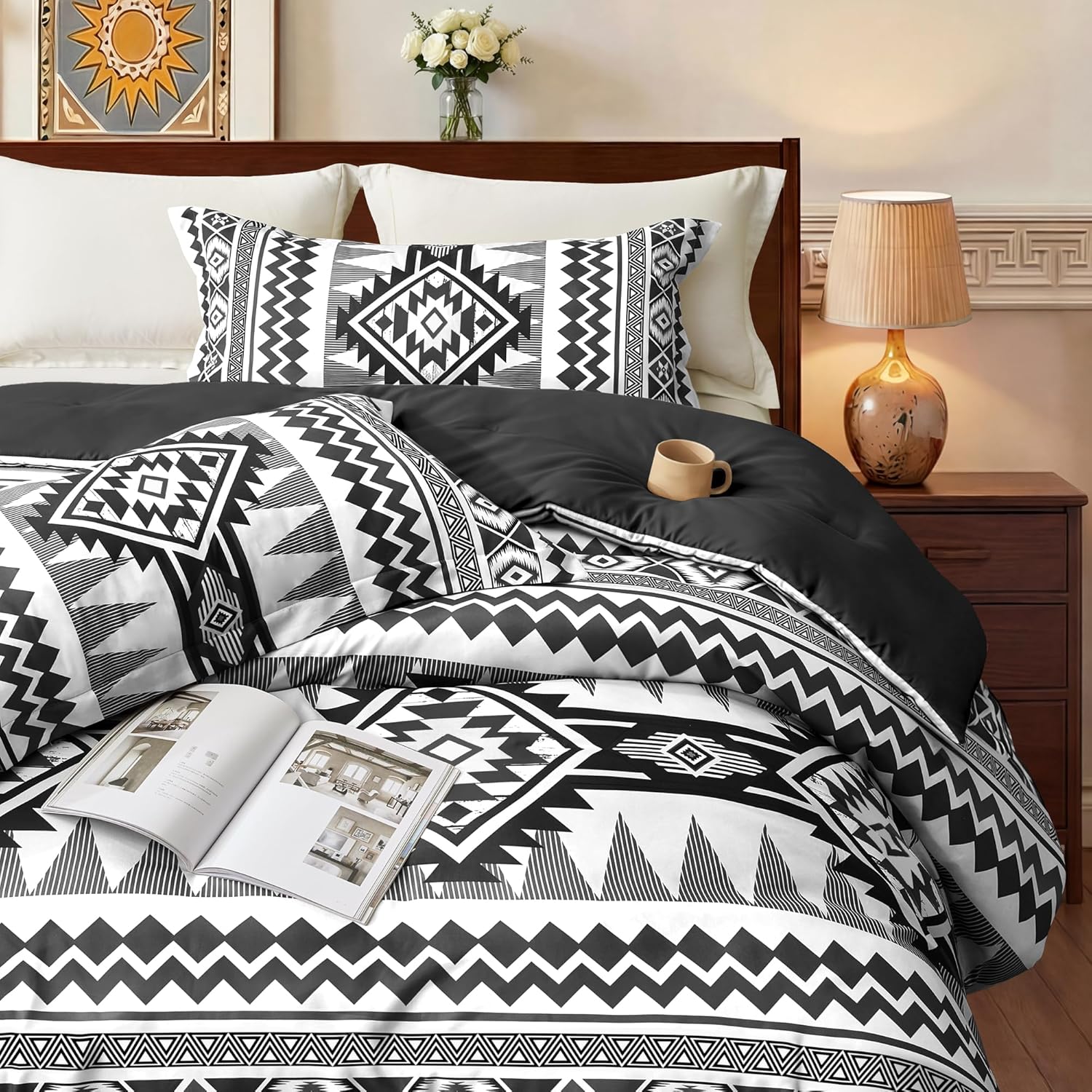 Black Queen Comforter Set – 3 Piece Boho Aztec Western Bedding Sets, Soft Lightweight Comforter for All Seasons, Southwestern Style, 1 Comforter & 2 Pillow Shams - Image 3