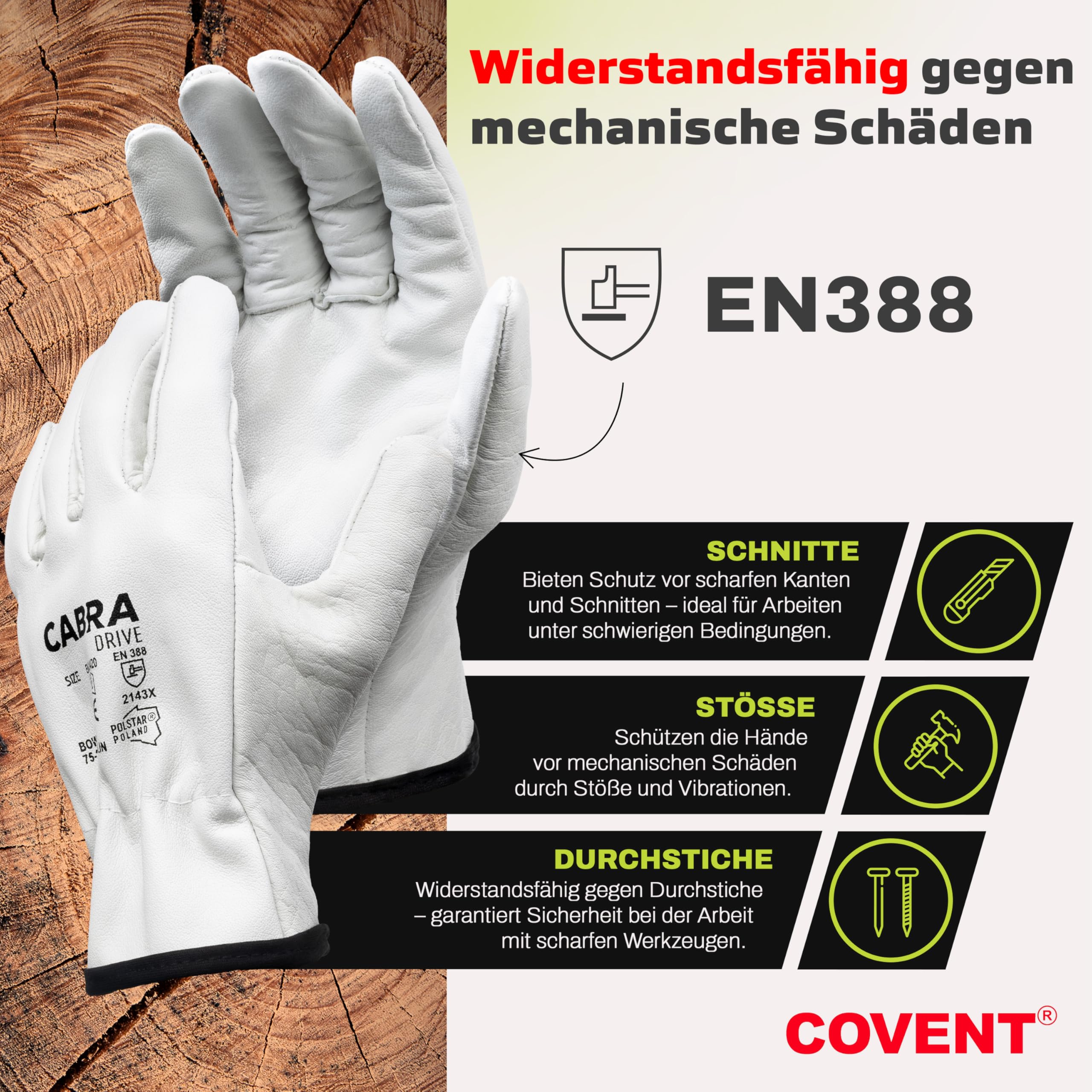 Covent Gants de travail en cuir pour homme - Taille 9 - Gants de jardinage résistants aux épines EN388 2143X - Gants de protection avec cordon de serrage élastique - Cuir de vachette respirant