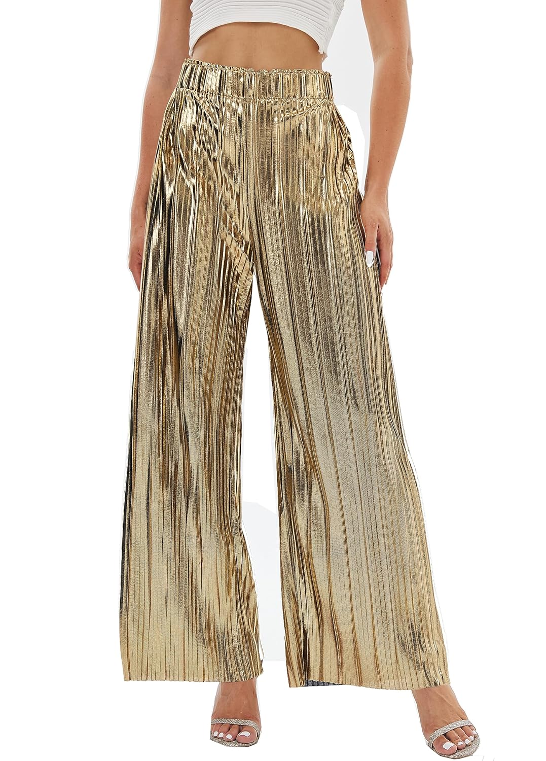 zsangbee Womens Metallic Sparkle Wide Leg Sequin Shiny Pants Party Club Casual Silver Gold Pants