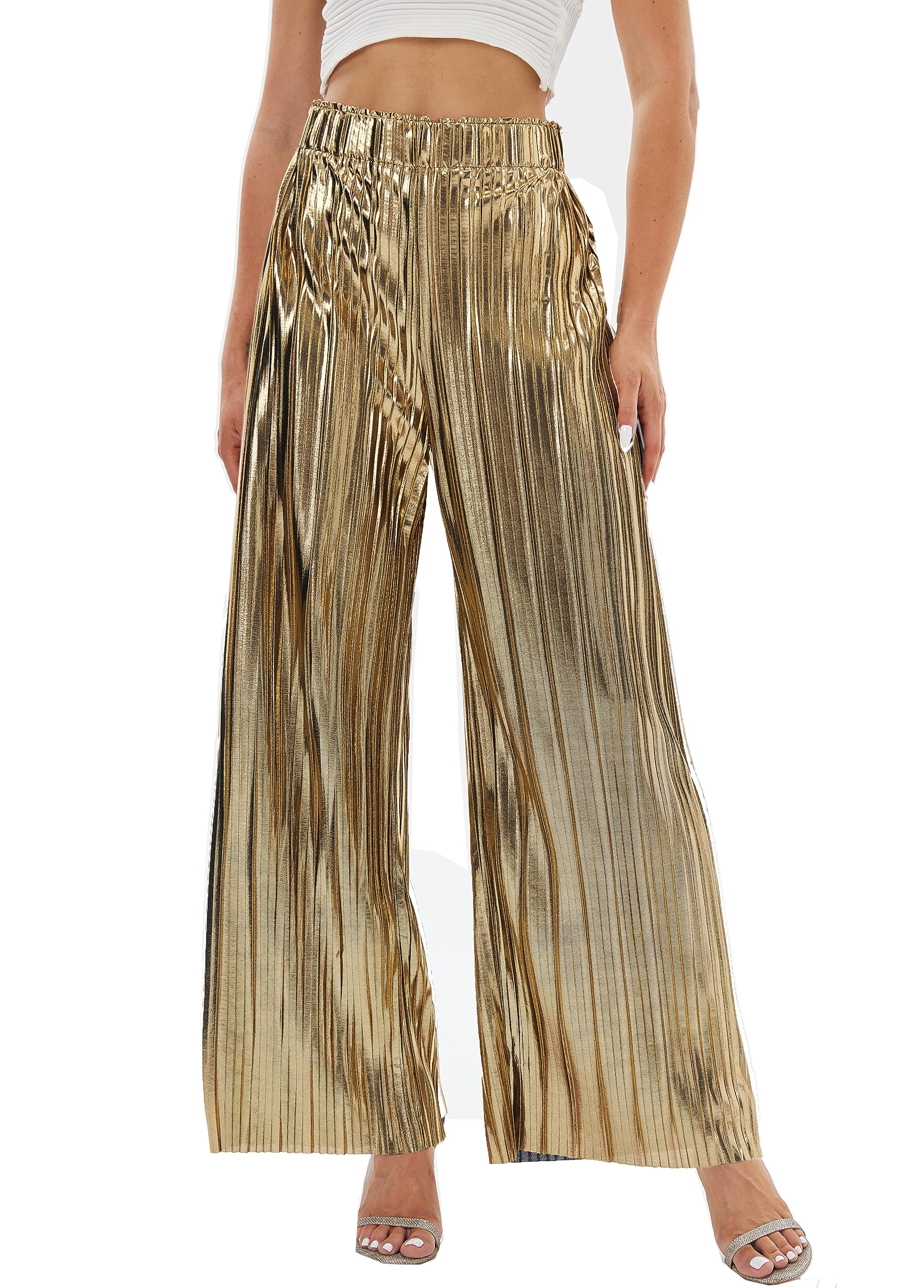zsangbee Womens Metallic Sparkle Wide Leg Sequin Shiny Pants Party Club Casual Silver Gold Pants