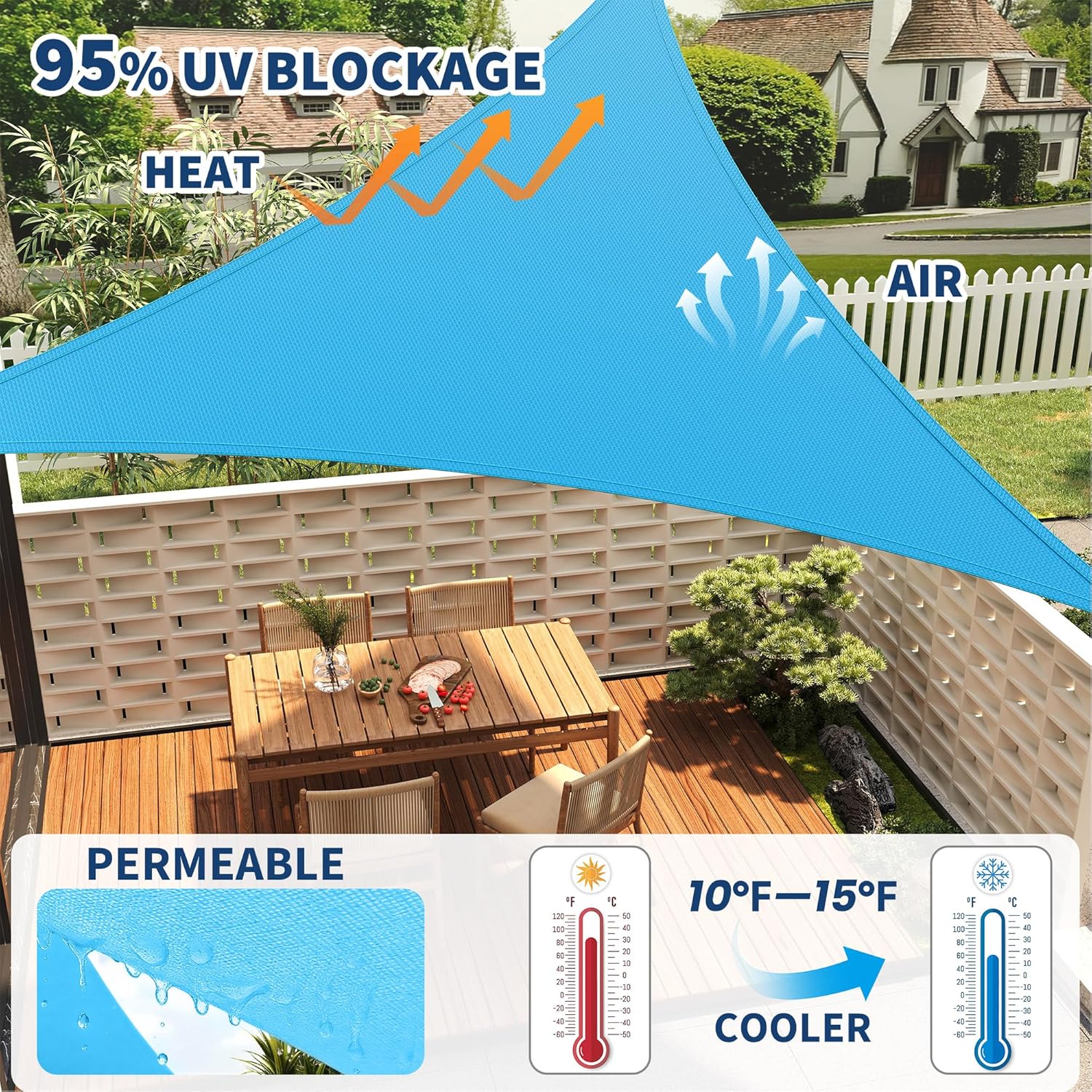 Garvee Sun Shade Sail 12'X12'X12' Triangle, Shade Cloth Canopy & Sunshade for Patio - UV Block Outdoor Shade Sail for Backyard, Deck, Garden, Yard and Facilities, Blue
