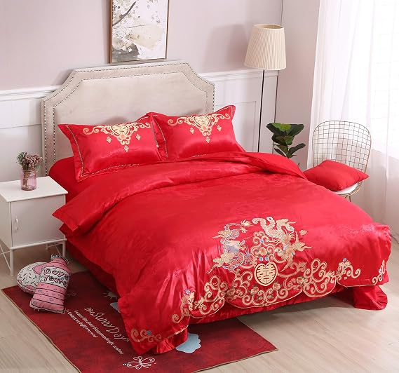 I-MART Chinese Wedding Bedding Set Queen 4Pcs Red Satin Sheets with Dragon & Phoenix Embroidery, 100% Cotton Satin, Duvet Cover & Flat Sheet, No Filler