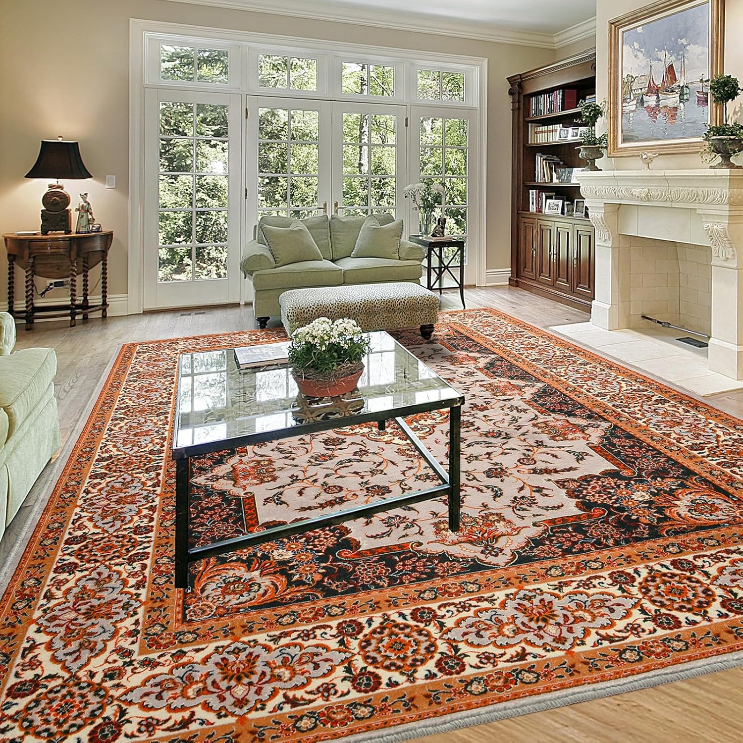 area rug for living room, 8x10ft machine washable large orange rugs for dining room, non-slip vintage carpet for bedroom office dining room nursery farmhouse 8' x 10' (rectangular) orange
