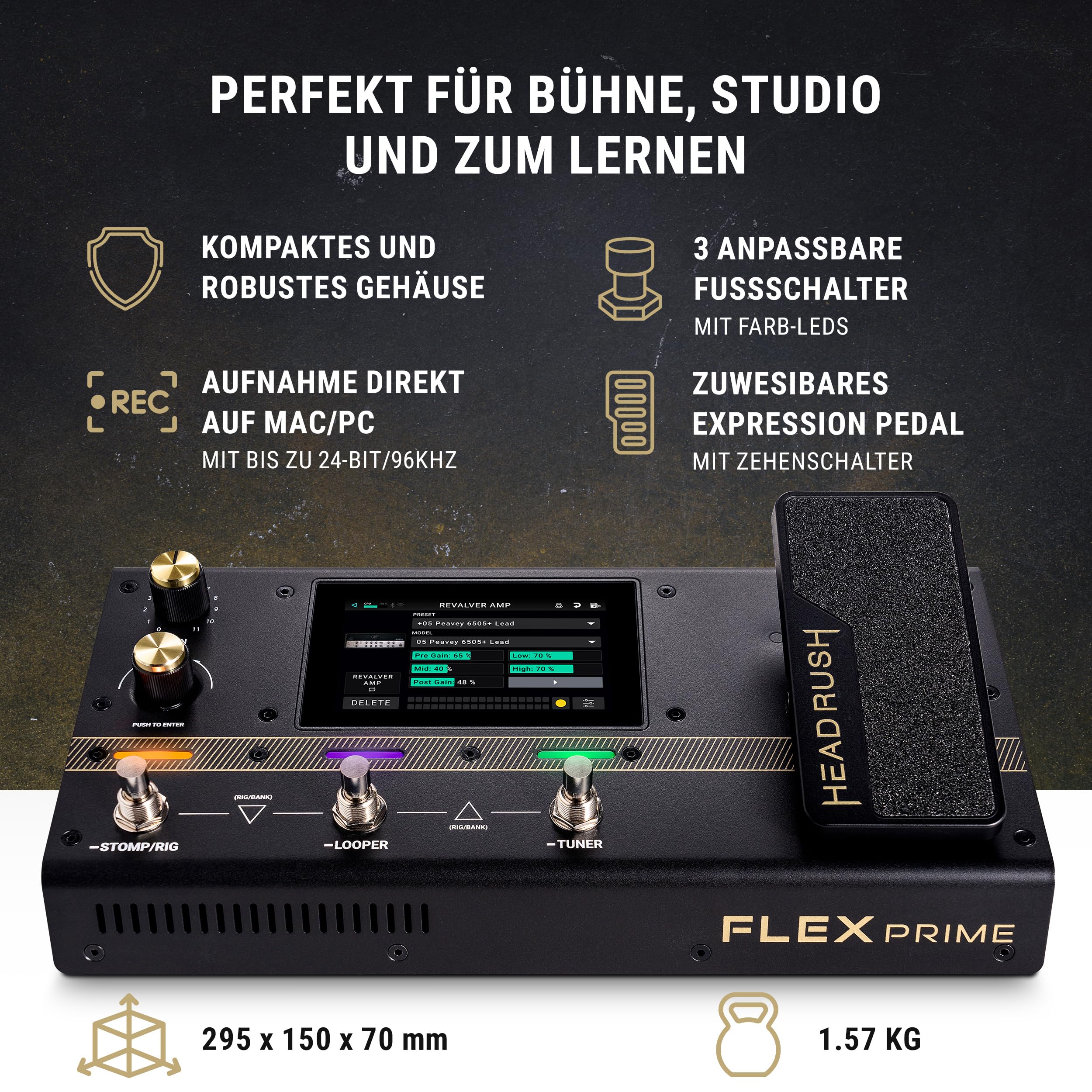HeadRush Flex Prime Gitarre und Bass Multi-Effekt Pedal und Amp Modeling Prozessor mit Touchscreen, Looper, WLAN, Bluetooth, IR Loader, USB, Lektionen