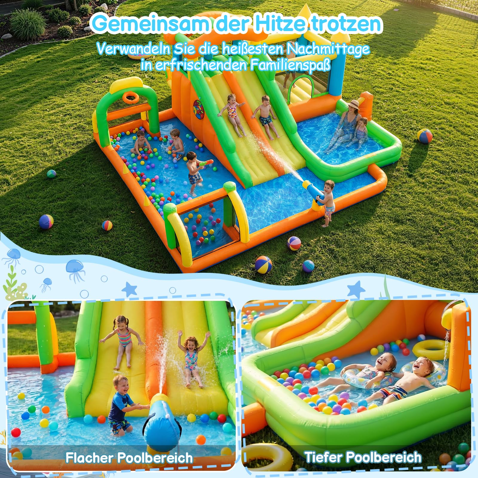 FOOING Gran tobogán acuático inflable con 2 toboganes y piscina infantil para niños, castillo hinchable con dos pistas para fiestas en el jardín y en el patio, diversión de verano al aire libre