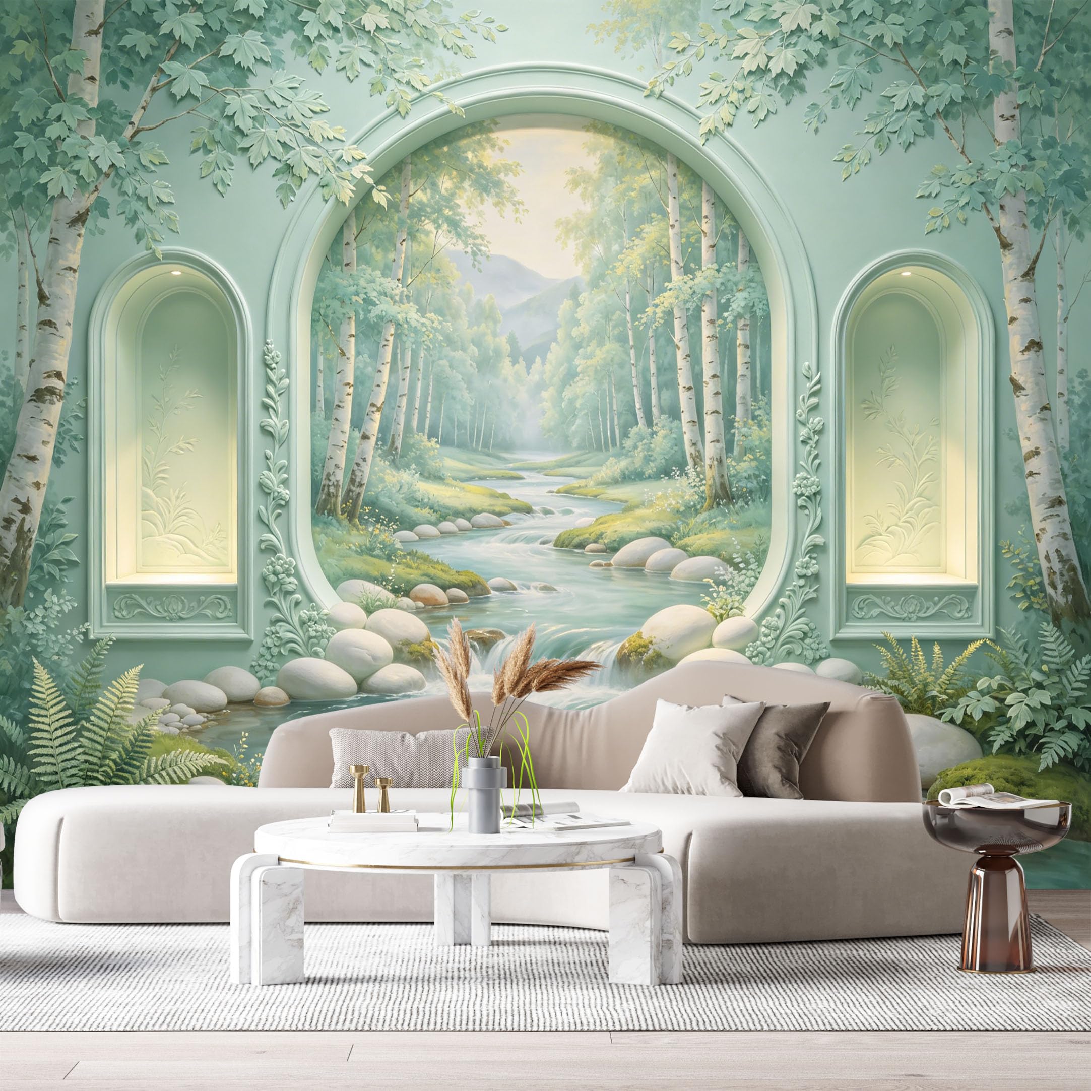 Custom Size Wall Murals Birch Forest River Landscape 3D Trompe L'Oeil SelfAdhesiveWall Fabric Removable Wallpaper Wall Decor for Living Room Bedroom Bathroom