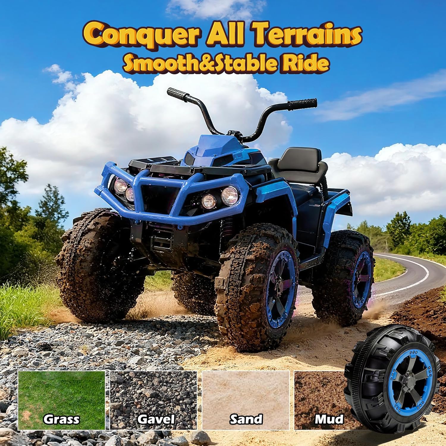24V Kids ATV 4 Wheeler, Ride on Toys for Big Kids w/ 2 Speed, Led Light, Spring Suspension, Bluetooth, Music, 24 Volt Ride on Electric Quad for Boy & Girl Ages 3+ Blue