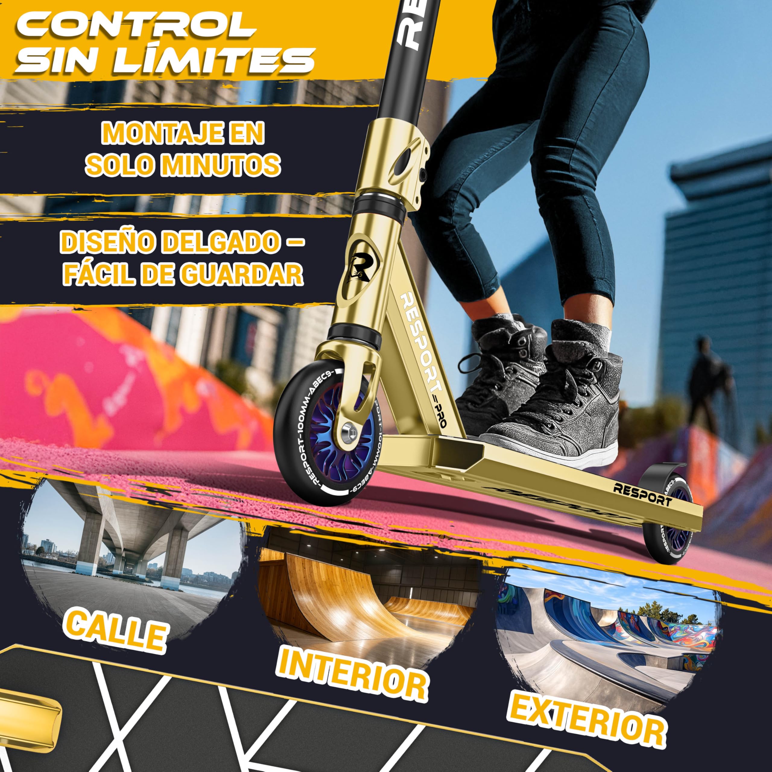 RE:SPORT Patinete de acrobacias Revo Pro para niños y adultos con soporte, patinete profesional de 110 mm, ruedas de poliuretano y barra en Y, patinete de acrobacias, patinete ABEC 9, rodamientos de — view 4
