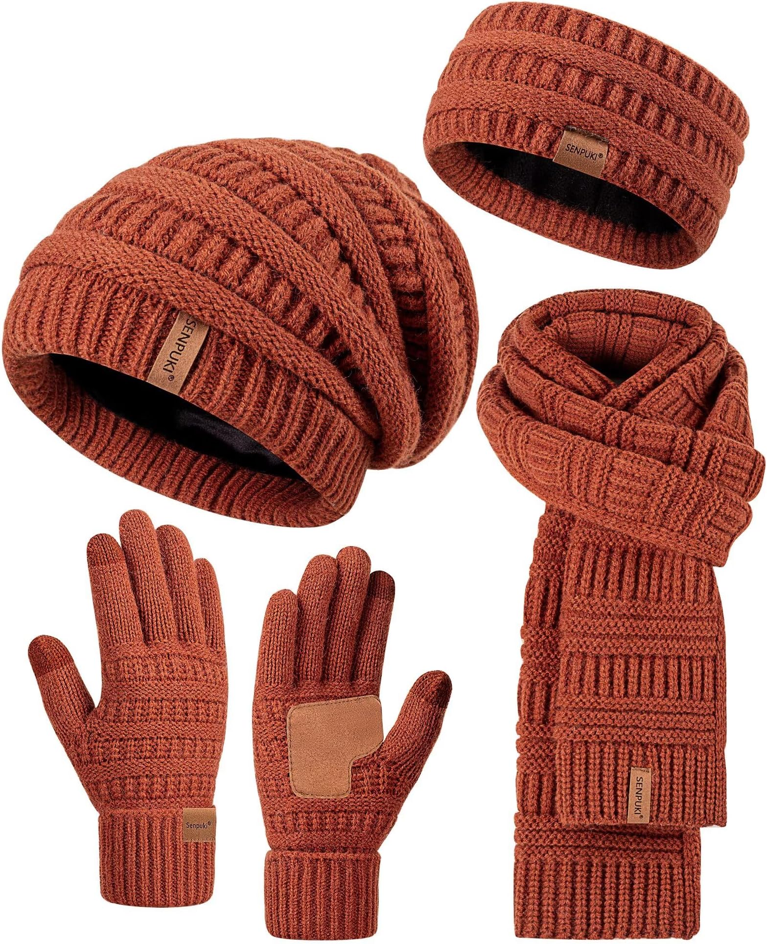 Womens Winter Beanie Hat Scarf Gloves Headband Set, Slouchy Beanie Ear Warmer with Fleece Lined Thick Knit Neck Scarf Touchscreen Gloves, 4 Piece Fashionable Warm Gift Set for Cold Weather(DarkOrange)