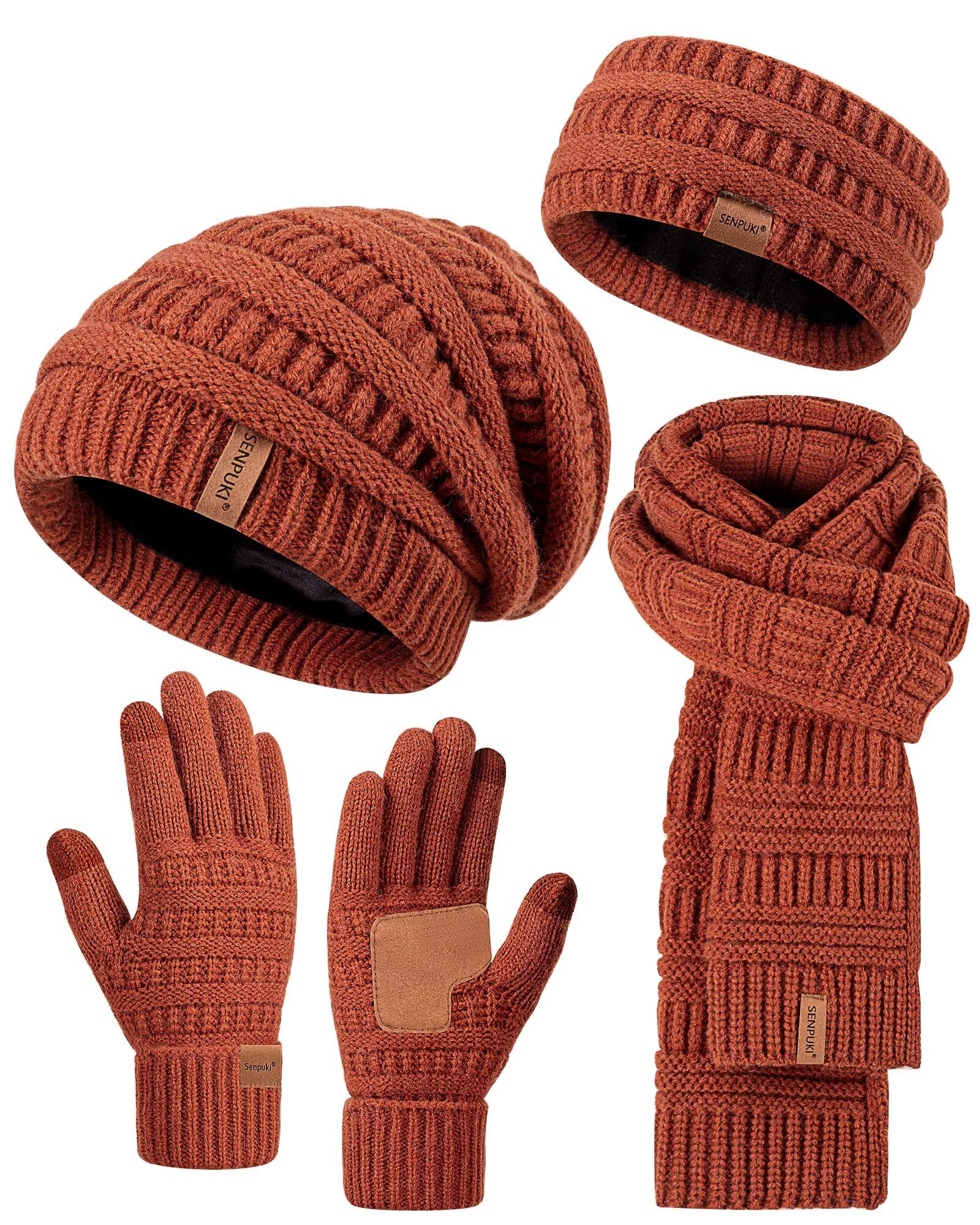 SENPUKIWomens Winter Beanie Hat Scarf Gloves Headband Set, Slouchy Beanie Ear Warmer Knit Scarf Touchscreen Gloves Warm 4 Gift Set