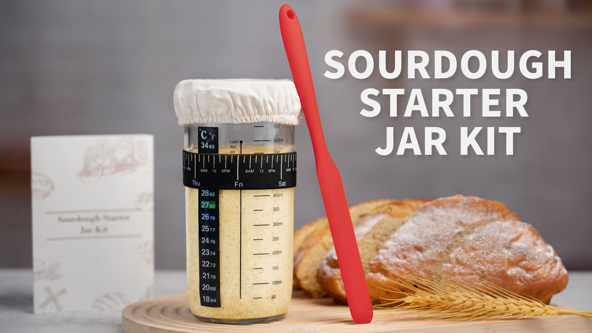 Kalkehay Sourdough Starter Kit | 24oz Glass Jar With Thermometer & Tools For Home Baking