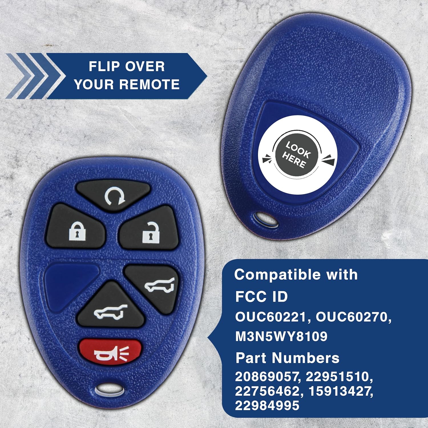 Image showing the front and back of the blue 6-button key fob, with text indicating compatibility with FCC IDs OUC60221, OUC60270, M3N5WY8109 and Part Numbers 20869057, 22951510, 22756462, 15913427, 22984995.