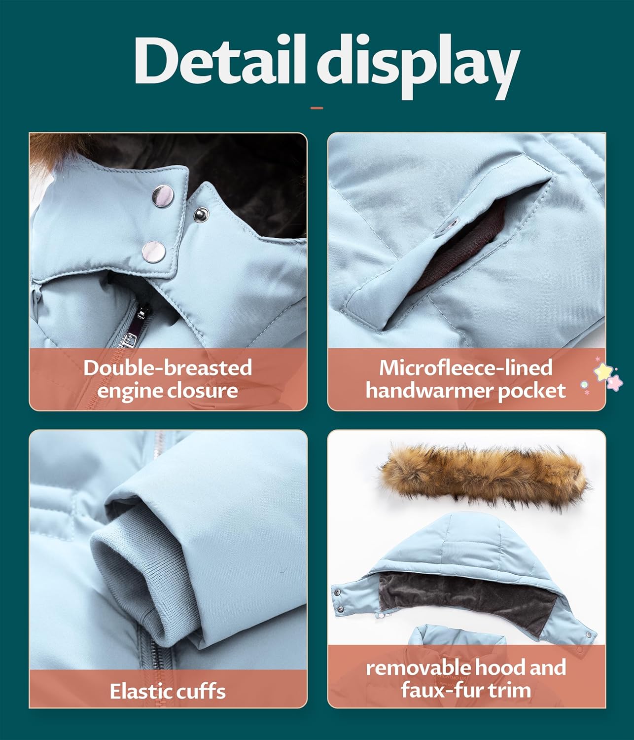 CREATMO US Girl's Kids Metallic Shiny Jacket with Detachable Fur Collar Warmth Winter Outerwear - Image 7